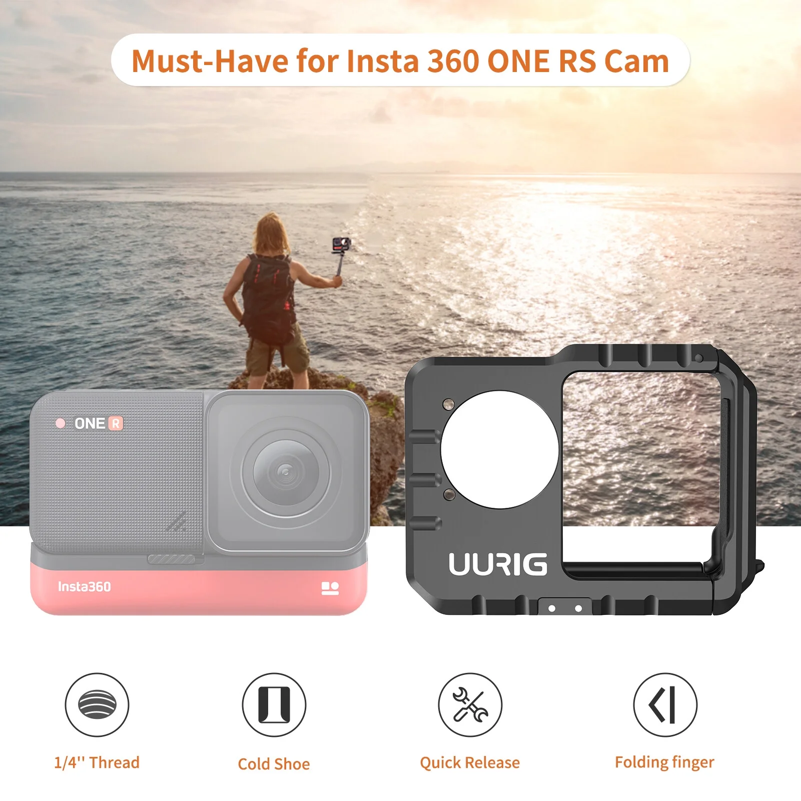 UURIG Sports Camera Video Cage with Dual Cold Shoe Mounts Selfie Mirror Protective Frame Camera Cage Vlog Accessories Replacement for Insta360 ONE RS