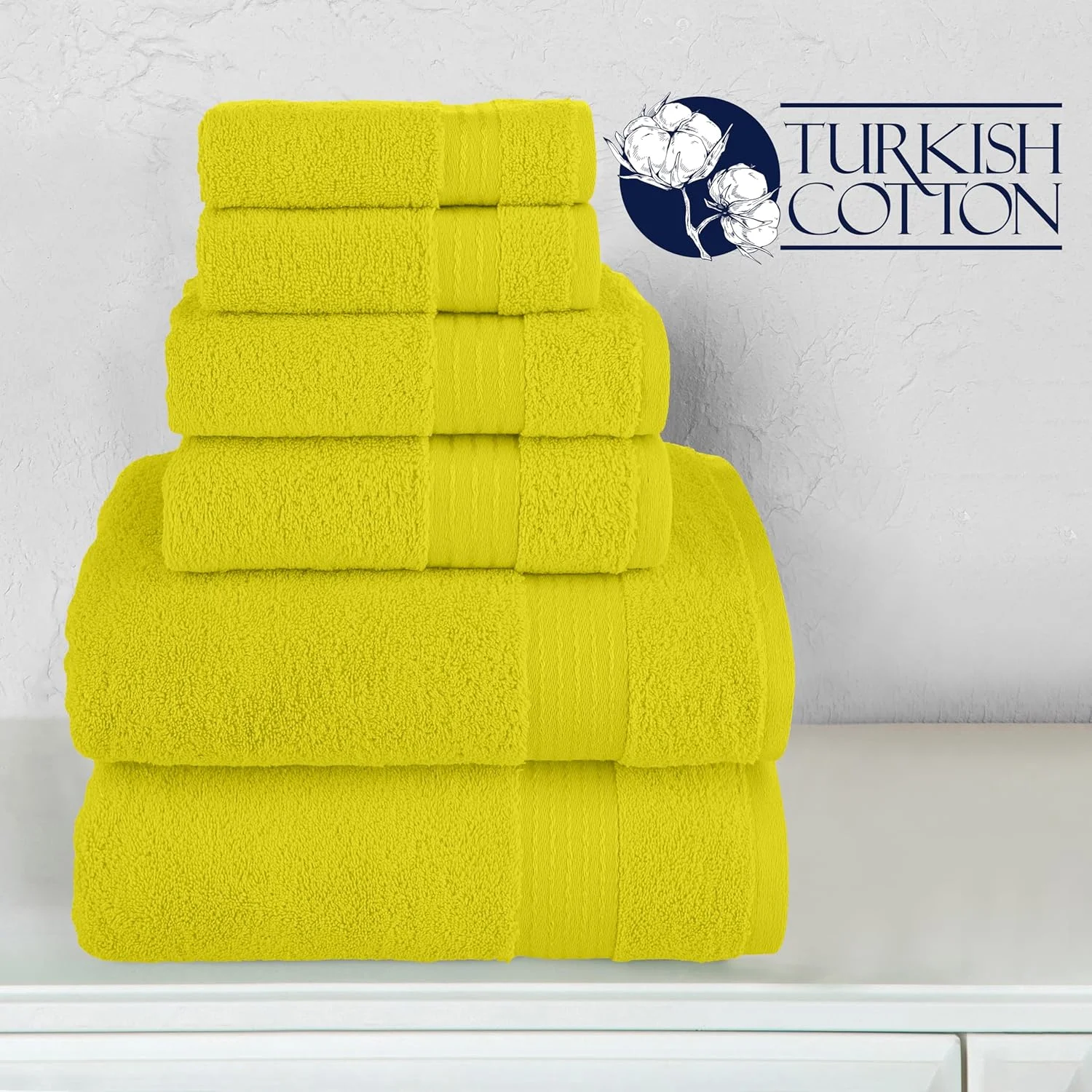 Turkish Linens Luxury Spa and Hotel Quality Premium Cotton 6-Piece Towel Set (2 x Bath Towels, 2 x Hand Towels, 2 x Washcloths), Yellow