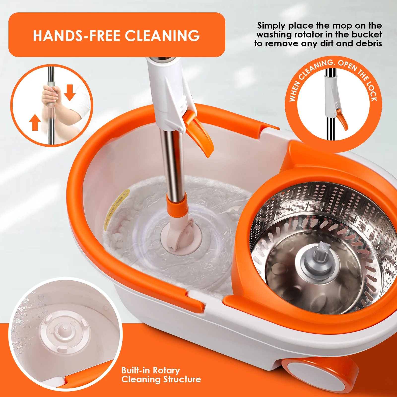 Masthome Handle Spin Mop and Bucket with Wringer Set for Floor Cleaning,6 Microfiber Mop Pads