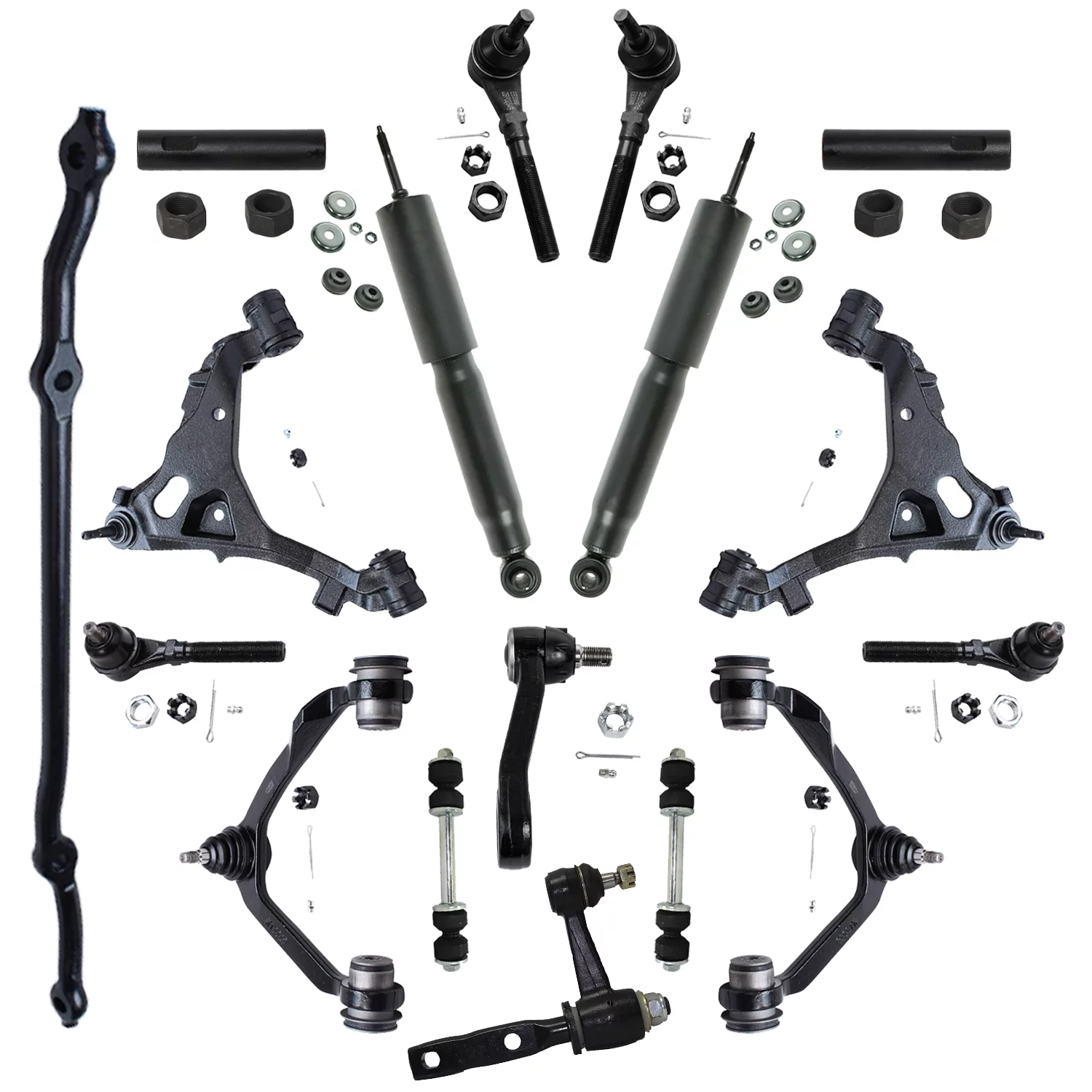 Detroit Axle - Front Upper Lower Control Arms + Shock Absorbers + Inner Outer Tie Rods + Sway Bar Links + 3.43″ Bolt Idler Arm + Center Link Replacement for Ford Expedition F-150 [4WD] - 17pc Set