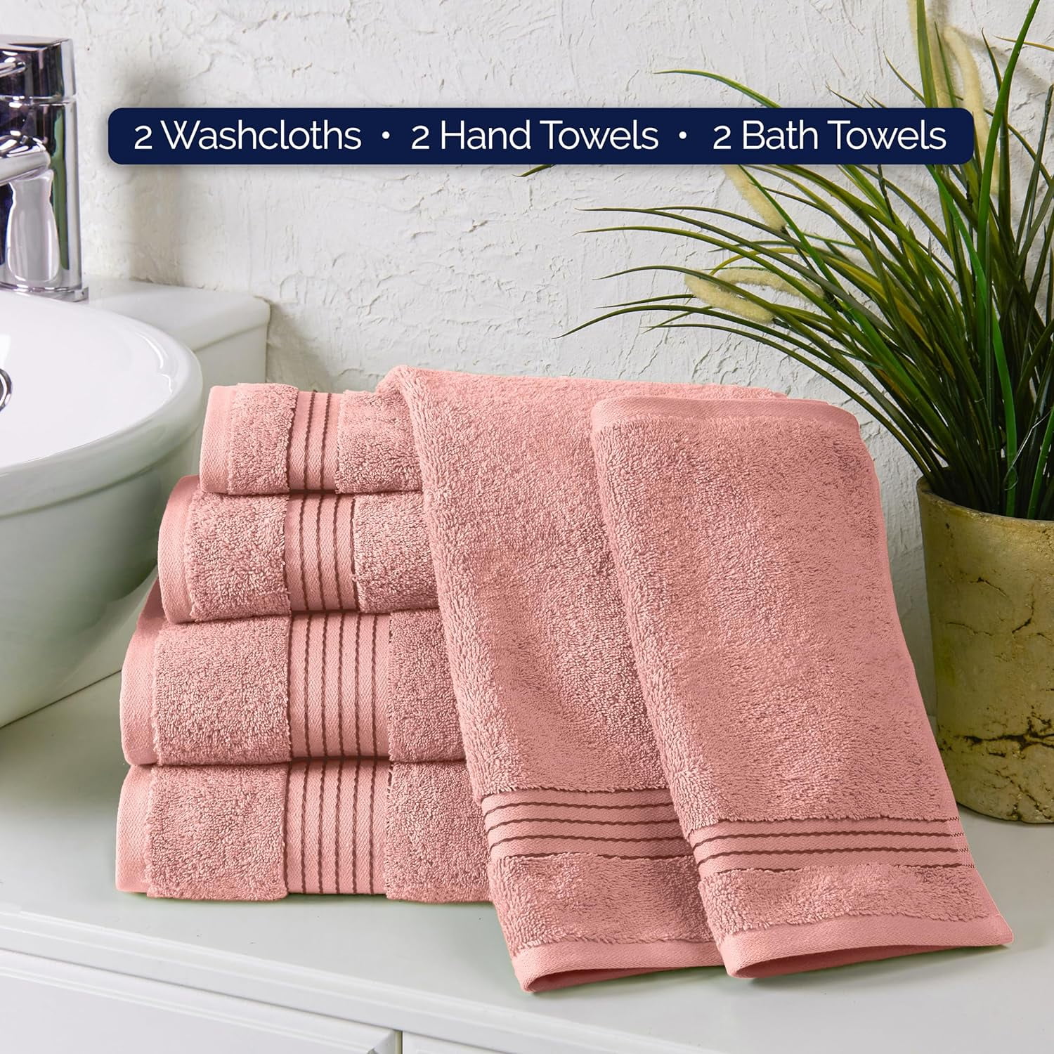 Discount Cotton 6-Piece Towel Set, Includes 2 Washcloths, 2 Hand Towels and 2 Bath Towels, 100% Turkish Cotton - Highly Absorbent and Super Soft Towels for Bathroom, Dusty Rose