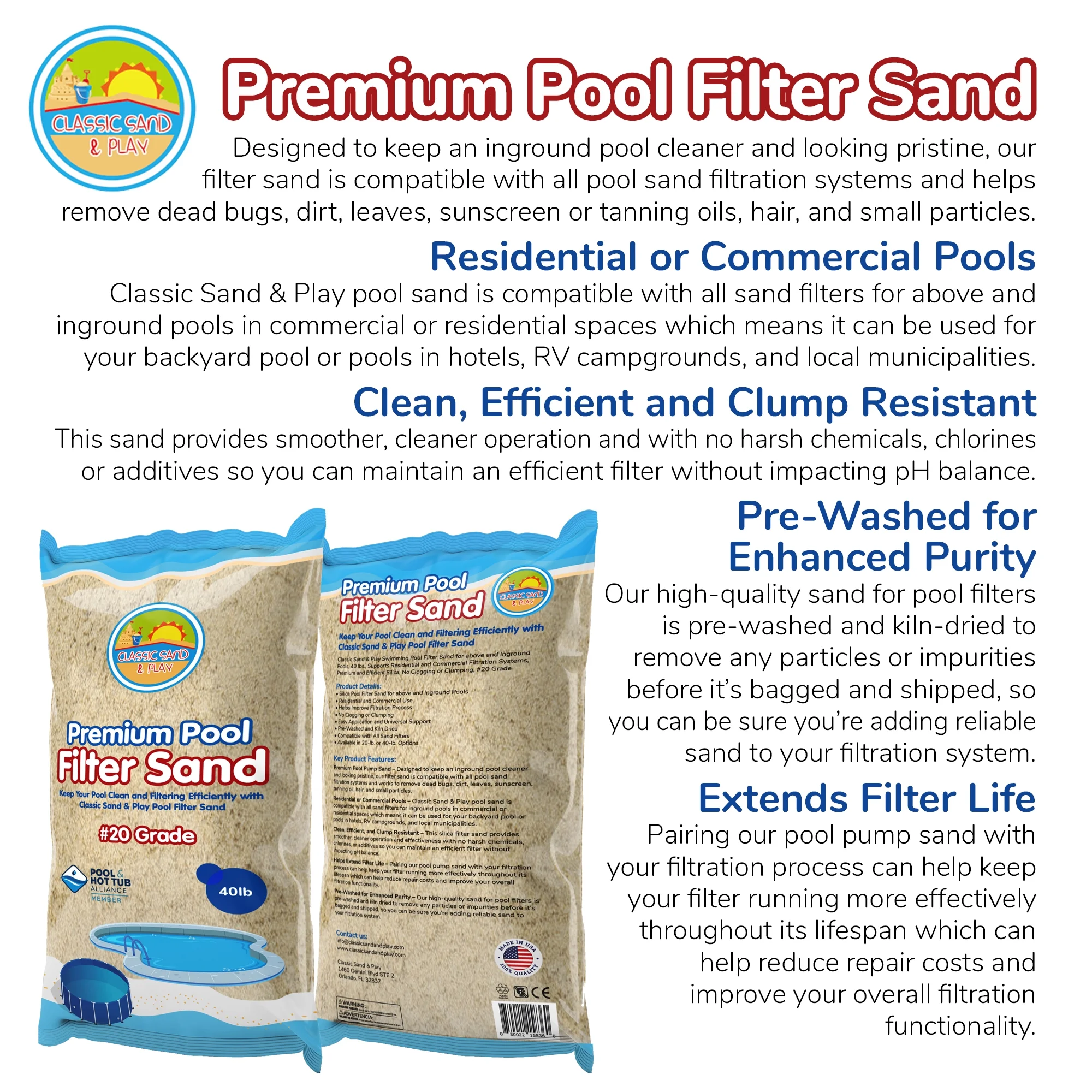 CLASSIC SAND & PLAY Swimming Pool Filter Sand for Above & Inground Pools, 40 lbs, 20 Grade