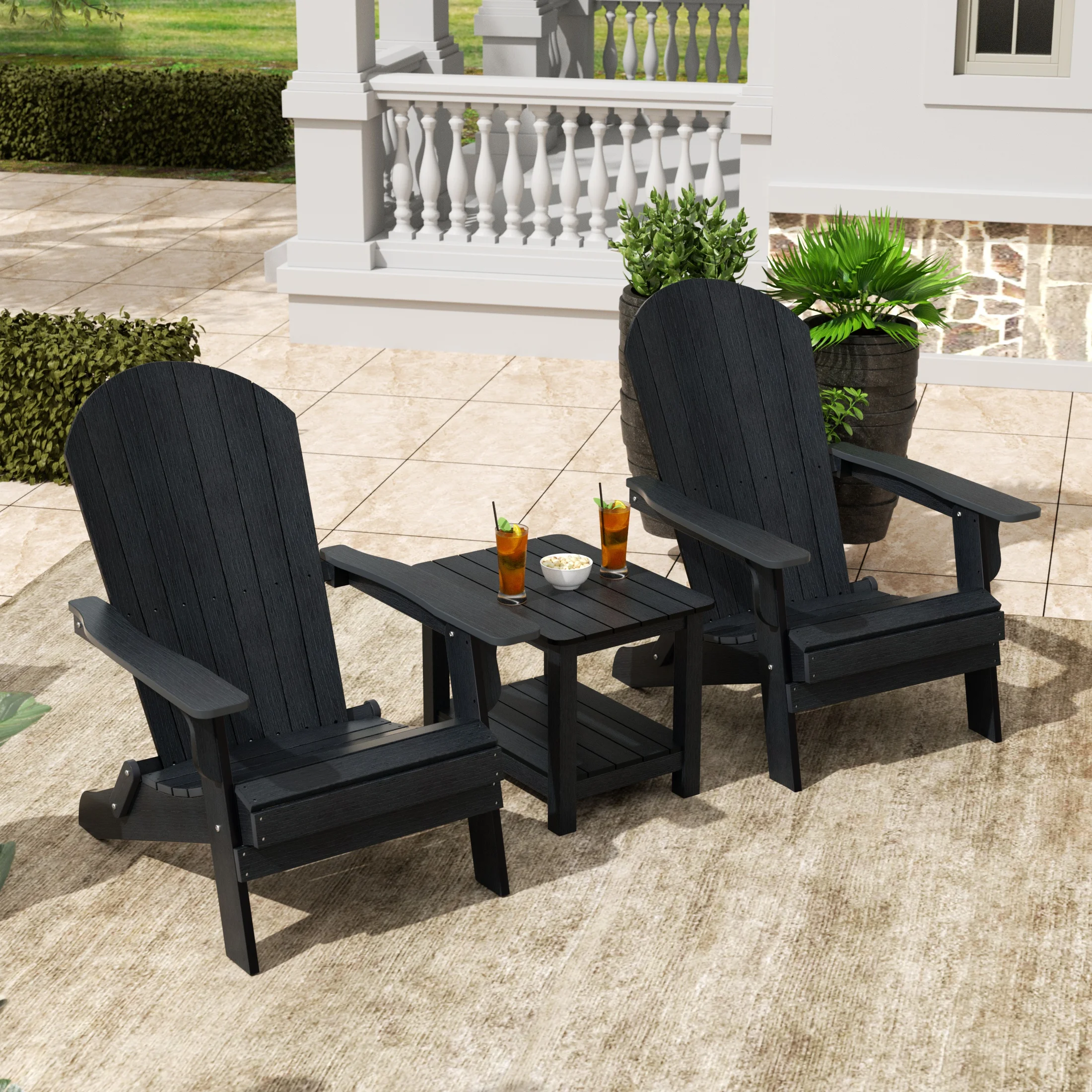 WestinTrends Tuscany 3PC HIPS Outdoor Adirondack Seashell Chair Set With Side Table, Black