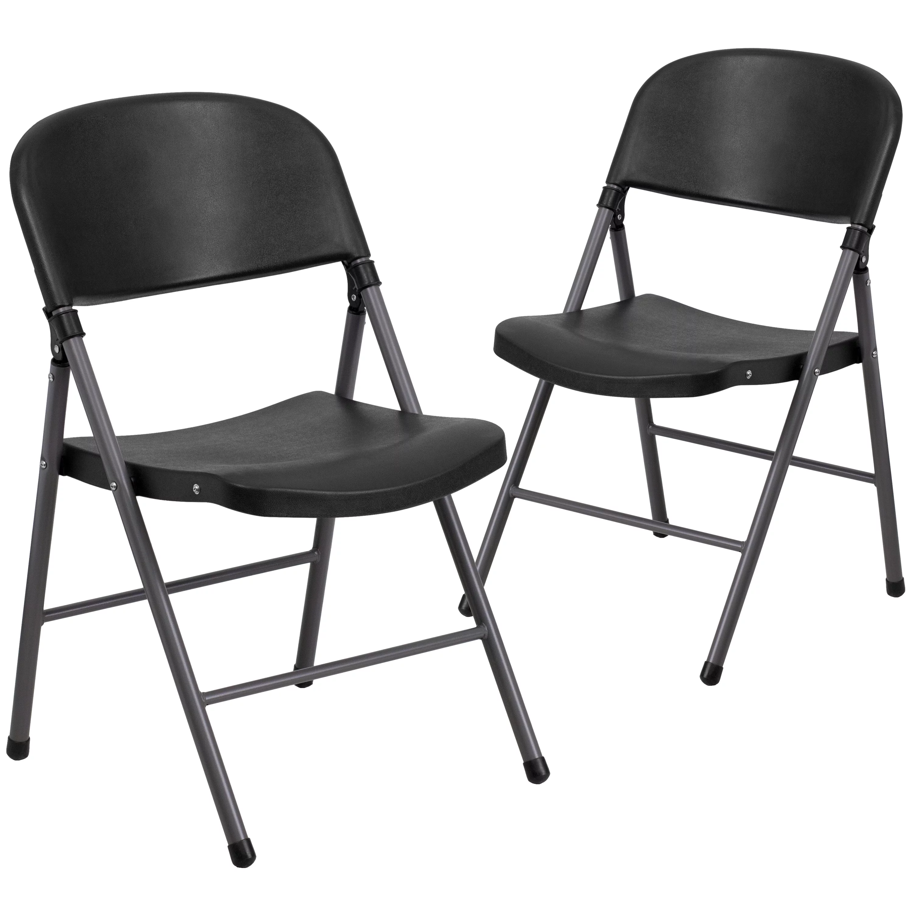 Emma + Oliver 2 Pack 330 lb. Capacity Black Plastic Folding Chair with Charcoal Frame
