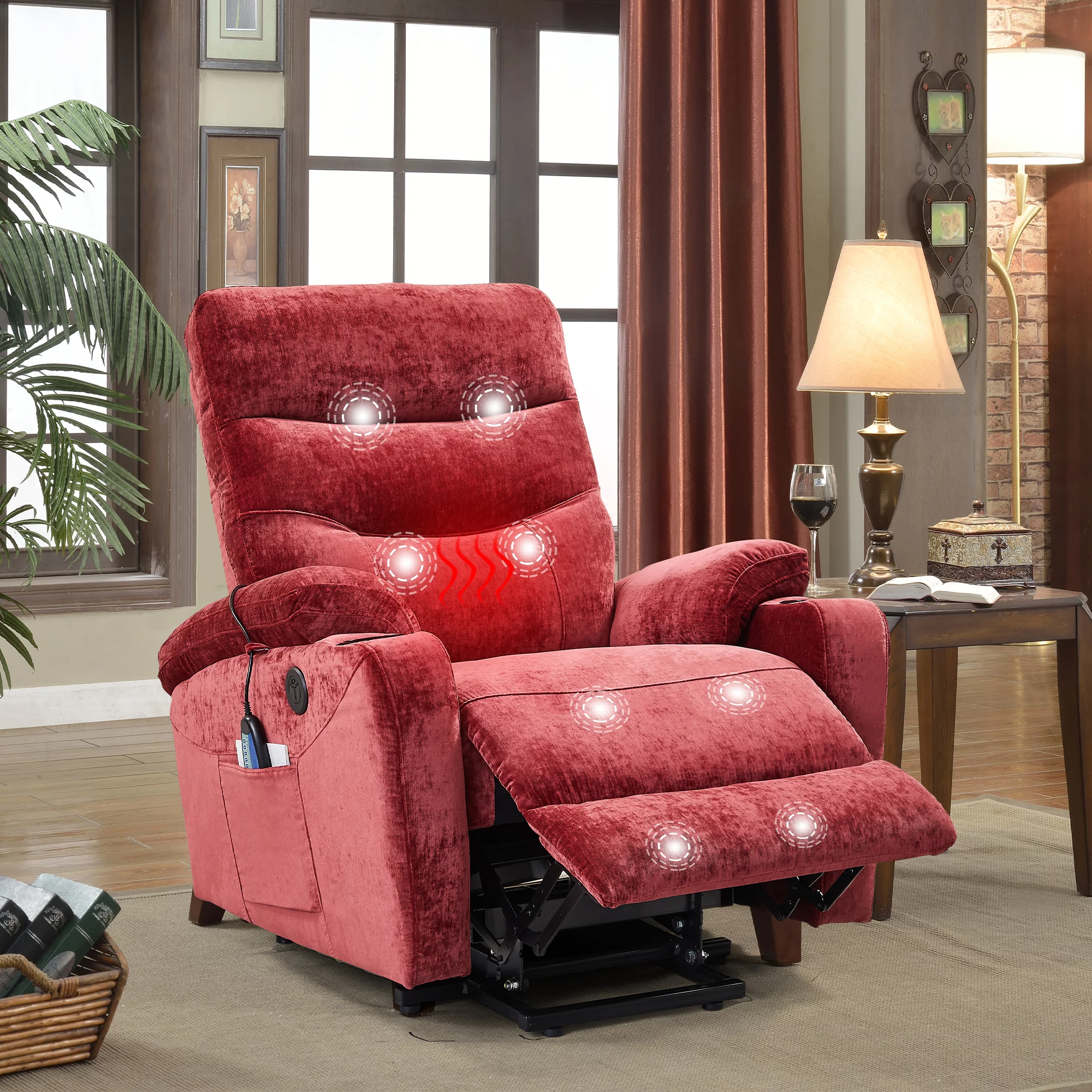 High-end Electric Power Lift Recliner Chair with Massage and Heat, 3 Positions, 2 Side Pockets, Cup Holders