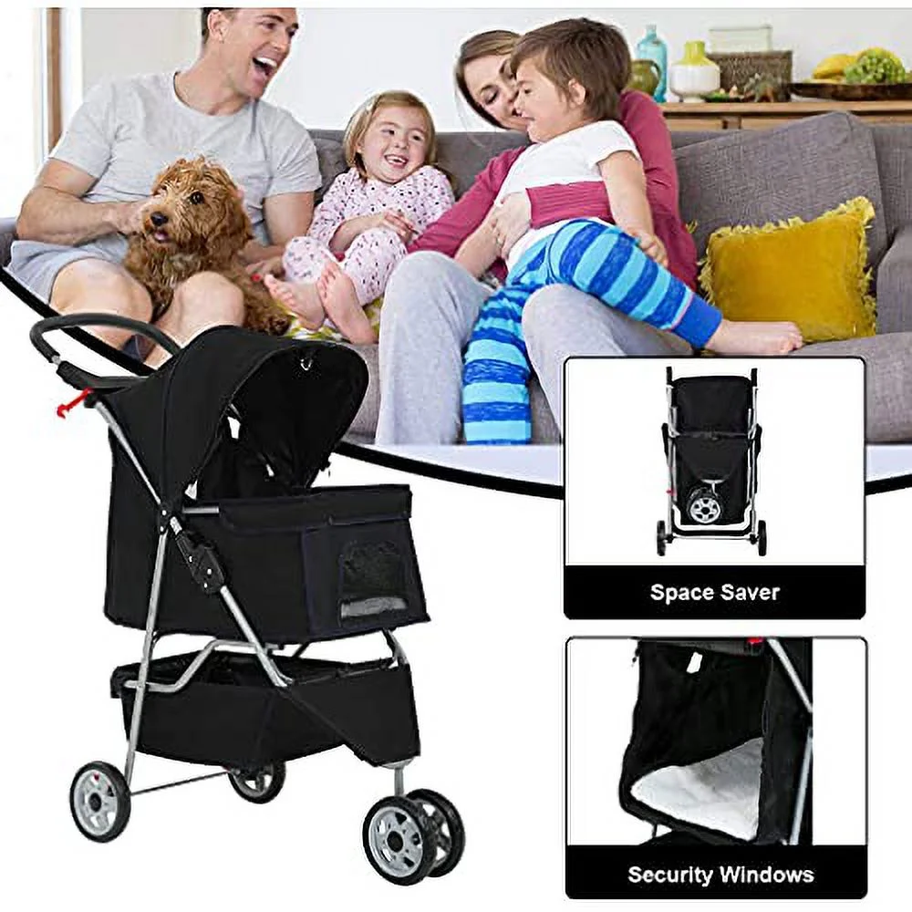 HGS Dog Stroller Pet Stroller 3 Wheels Travel Folding Carrier Strolling Cart for Medium Small Dogs&Cats, Pet Stroller Jogger Cat Dog Cage Pet Stroller, Black