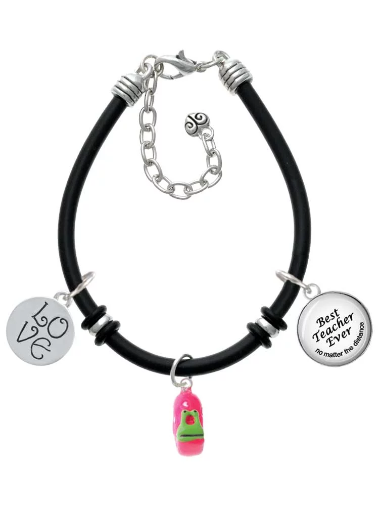 Delight Jewelry Resin Hot Pink Love Snail Dome Best Teacher Ever Black Rubber Charm Bracelet