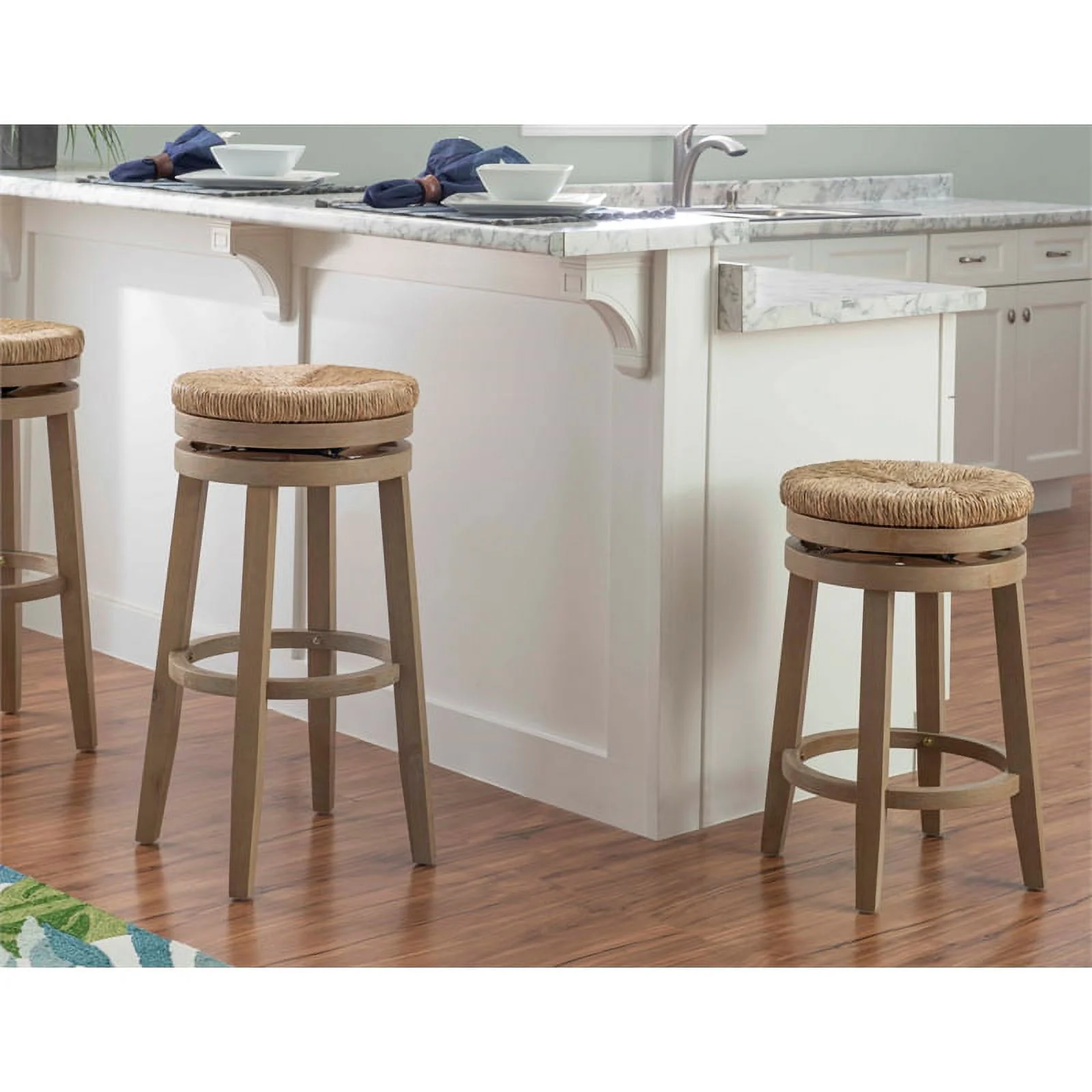 Home Square 3 Piece Solid Wood Swivel Rush Bar Stool Set in Natural Brown