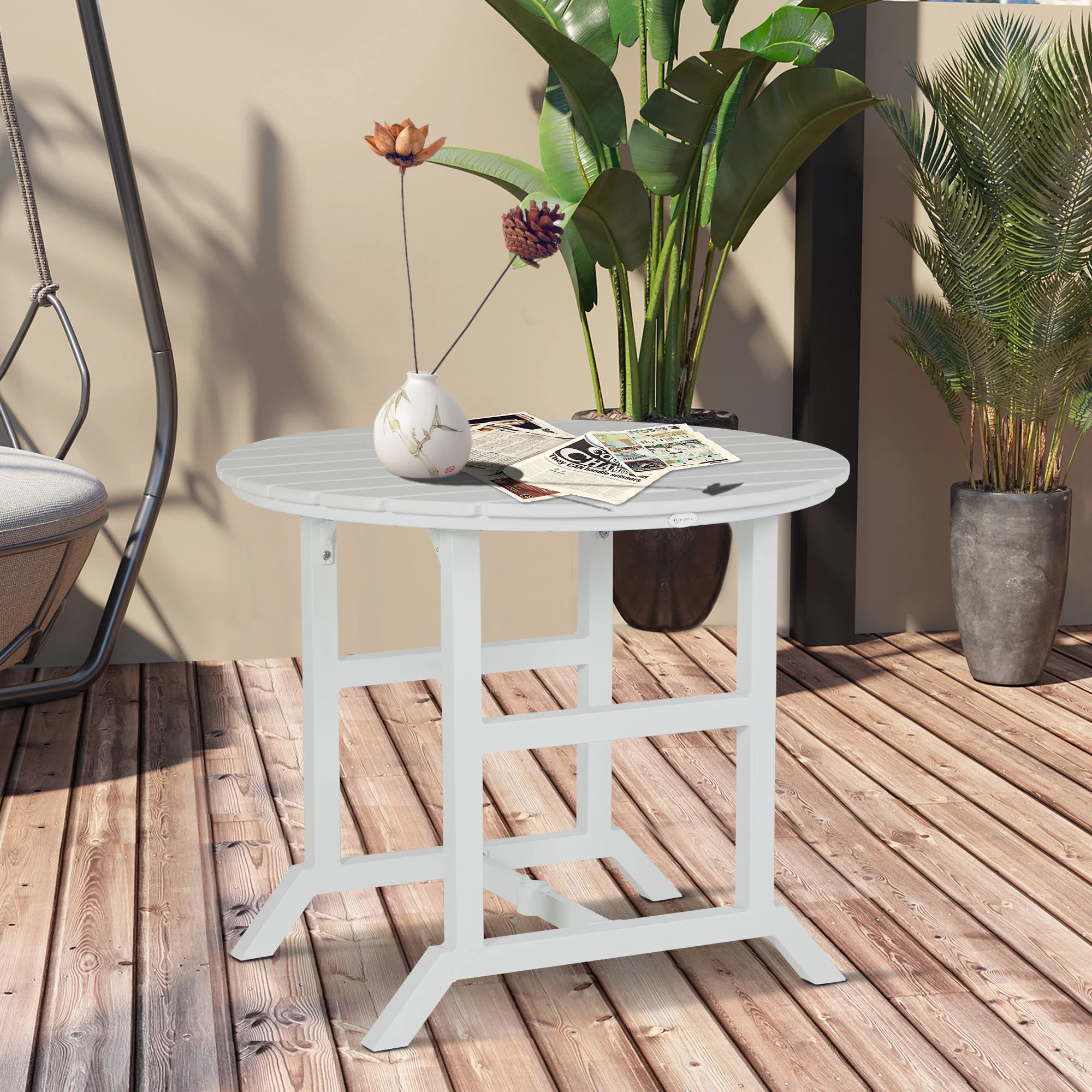 Outsunny Round Patio Table with Umbrella Hole and Aluminum Frame, White