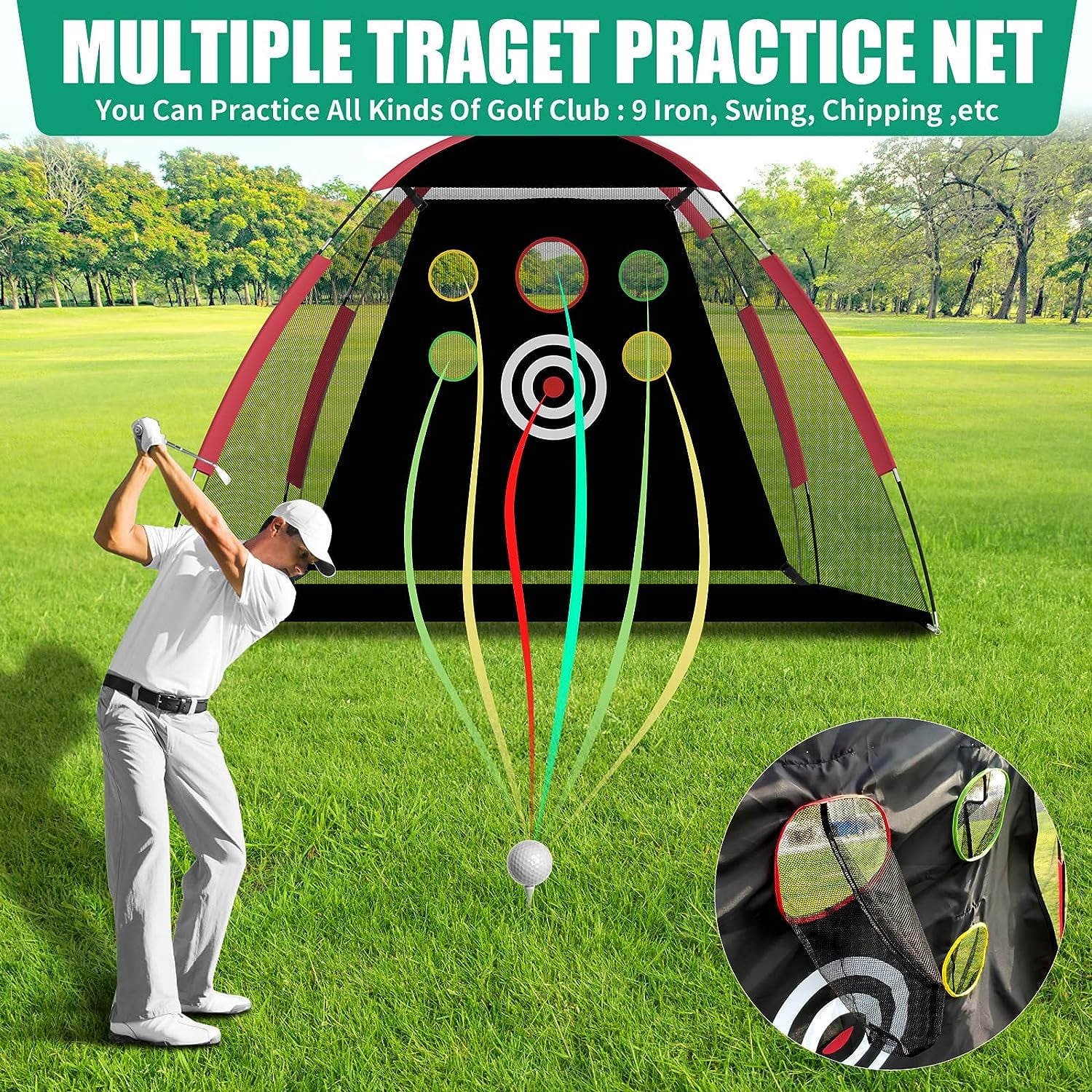 Slsy Golf Net Golf Practice Net with Target/Mat/Balls/Tee/Bag, 10x7ft Golf Hitting Aids Nets for Backyard Driving Chipping, Home Golf Swing Training