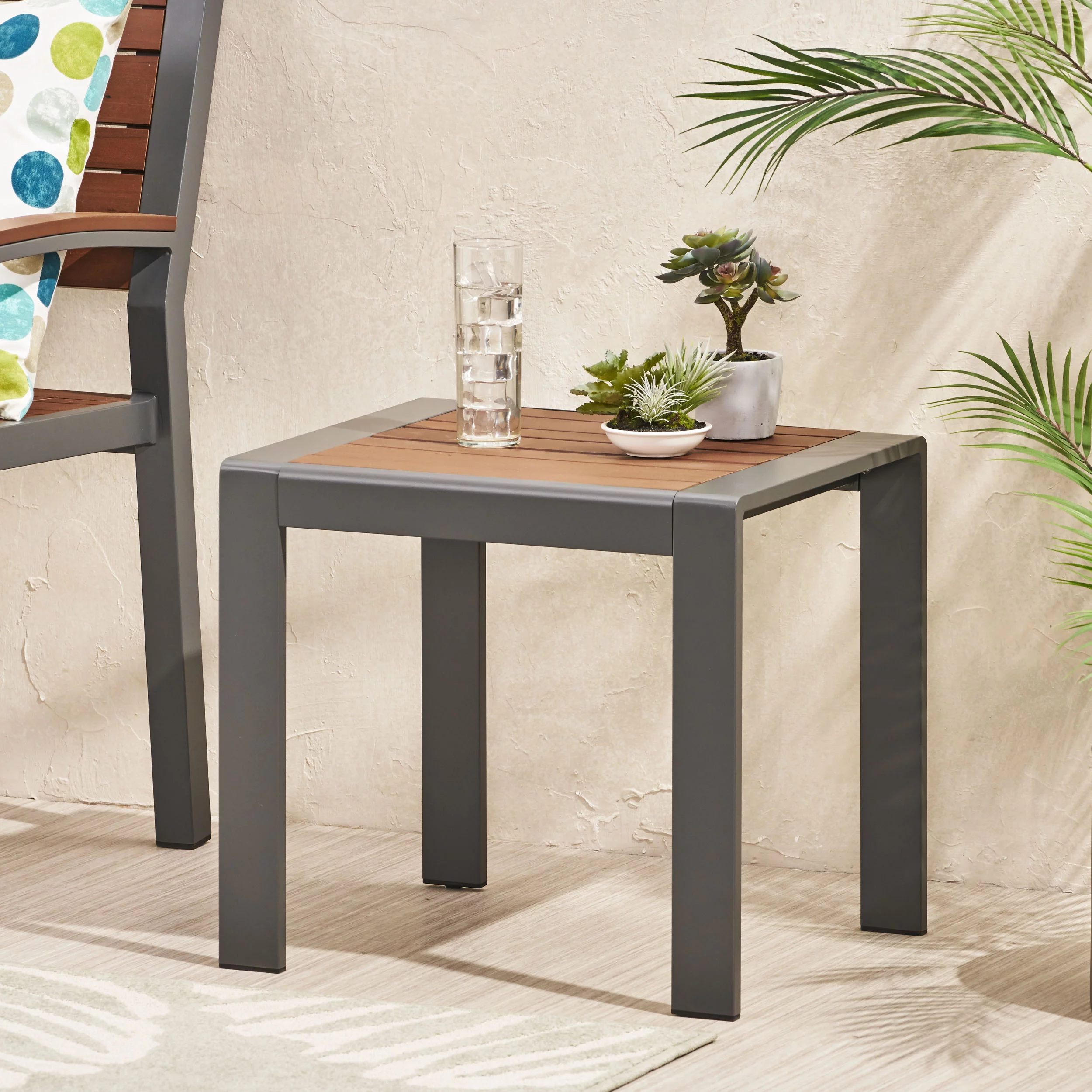 Noble House Geary Adult Modern Aluminum End Table with Tabletop, Gray/Brown, Set of 1