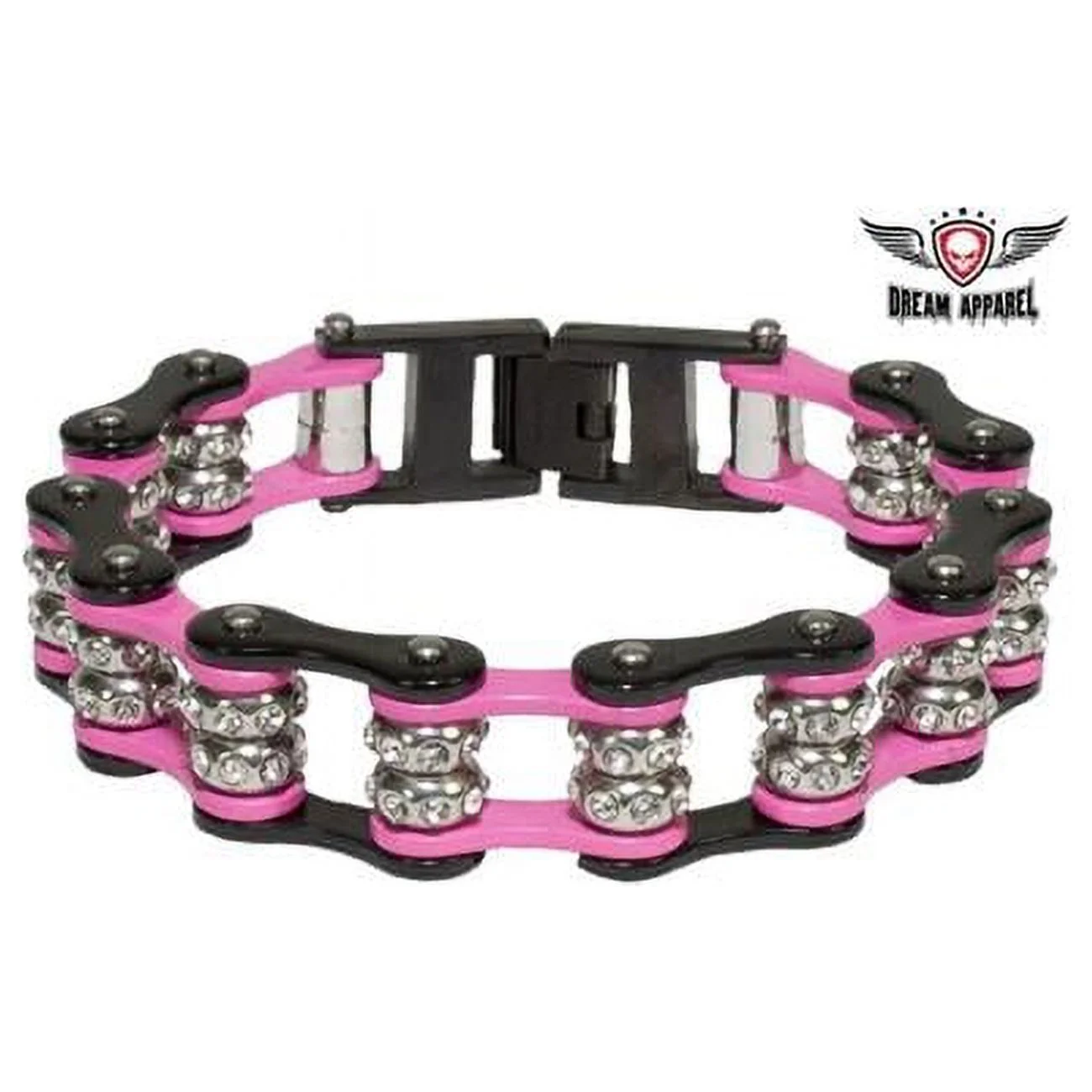 Dealer Leather BRD5-L Pink & Black Motorcycle Chain Bracelet with Gemstones - Large