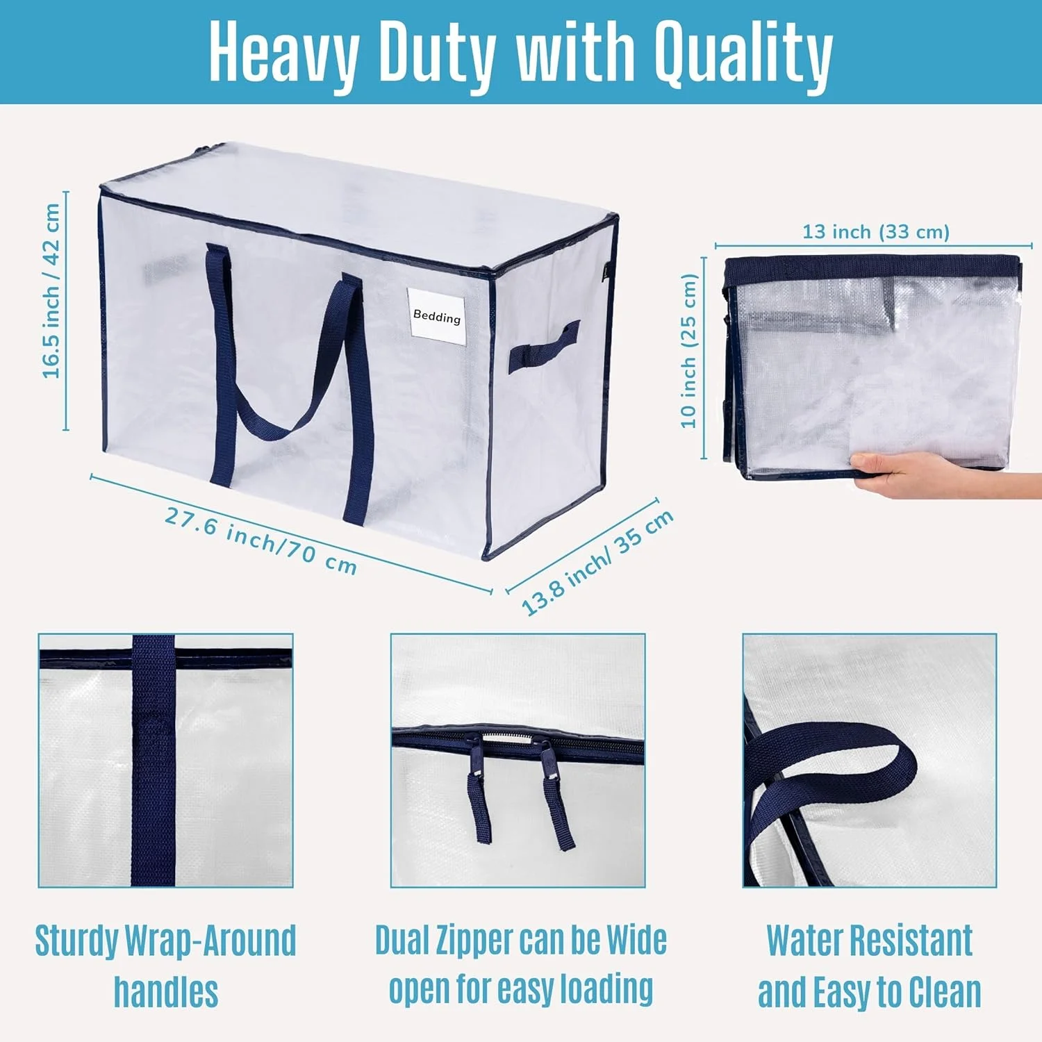 VENO 8 Pack XL Heavy Duty Foldable College Packing Moving Storage Zipper Bag W/ Reinforced Structure Alternative to Moving Box (Clear)