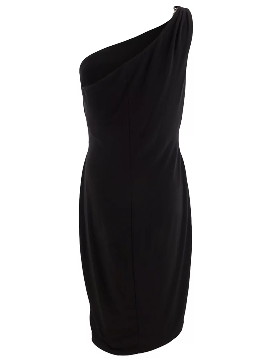 RALPH LAUREN Womens Black Embellished Sleeveless Asymmetrical Neckline Below The Knee Cocktail Body Con Dress 8
