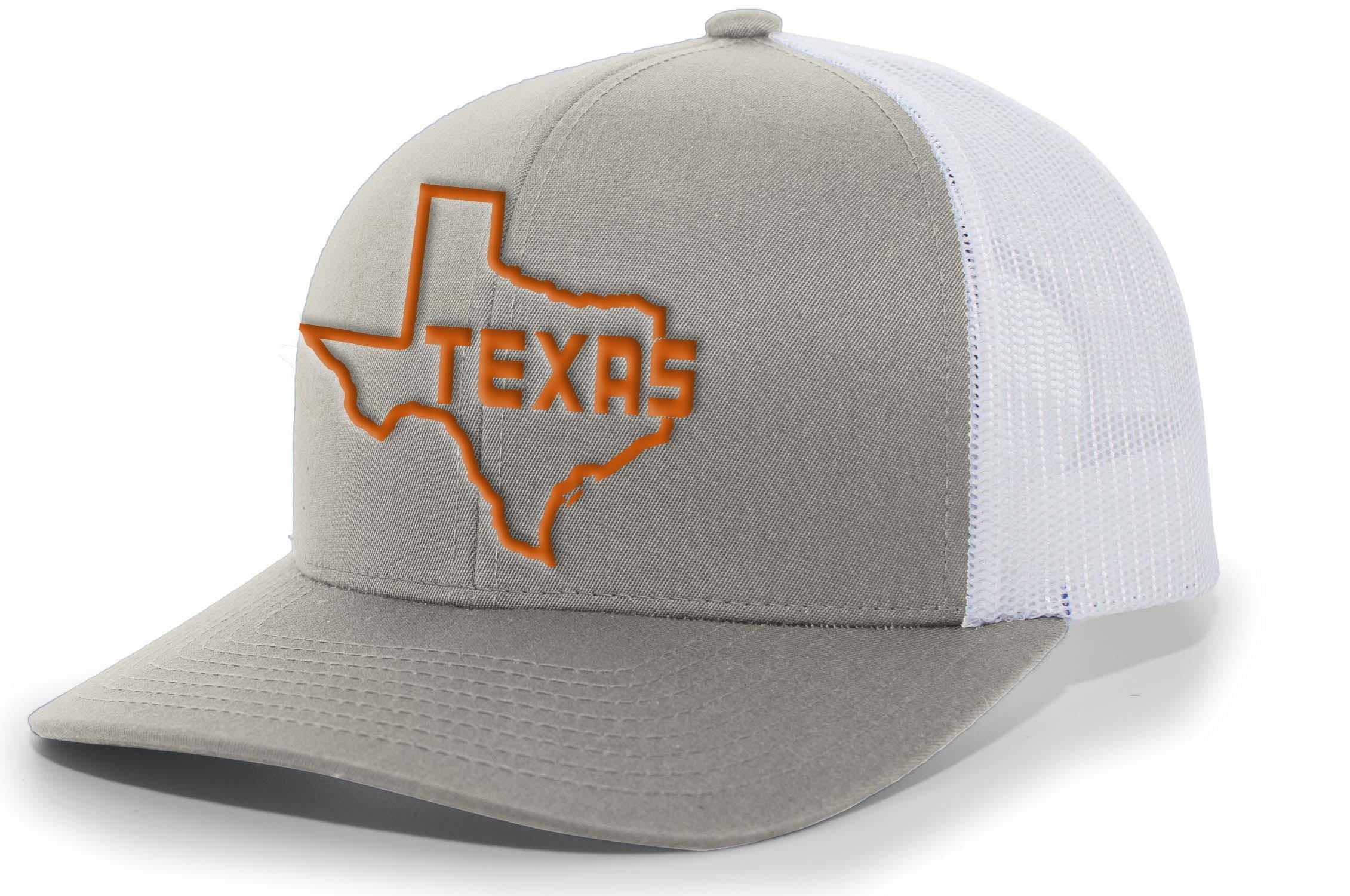 Mens Texas Hat Texas State Outline Embroidered Trucker Hat, Heather Grey/White/Burnt Orange