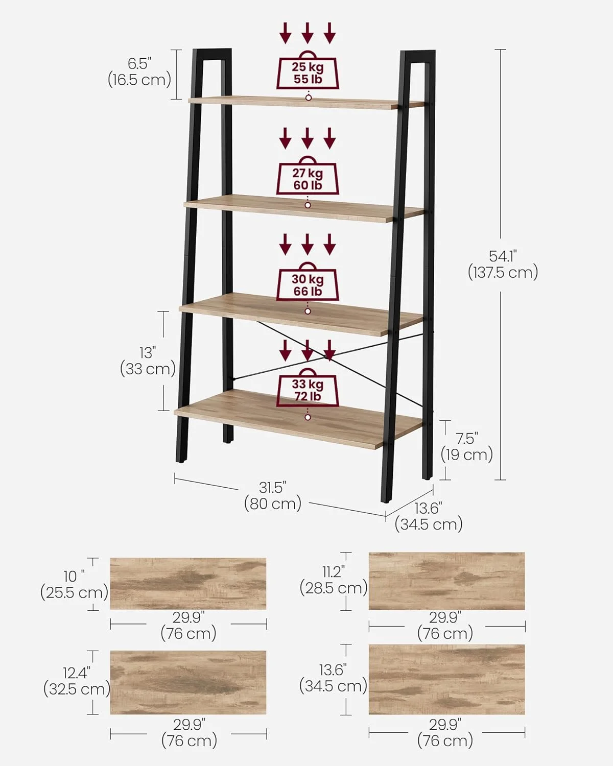 U-SHARE Ladder Shelf, 4-Tier Bookshelf, Storage Rack, Bookcase with Steel Frame, for Living Room, Home Office, Kitchen, Bedroom, Industrial Style, Camel Brown and Black ULLS144B50
