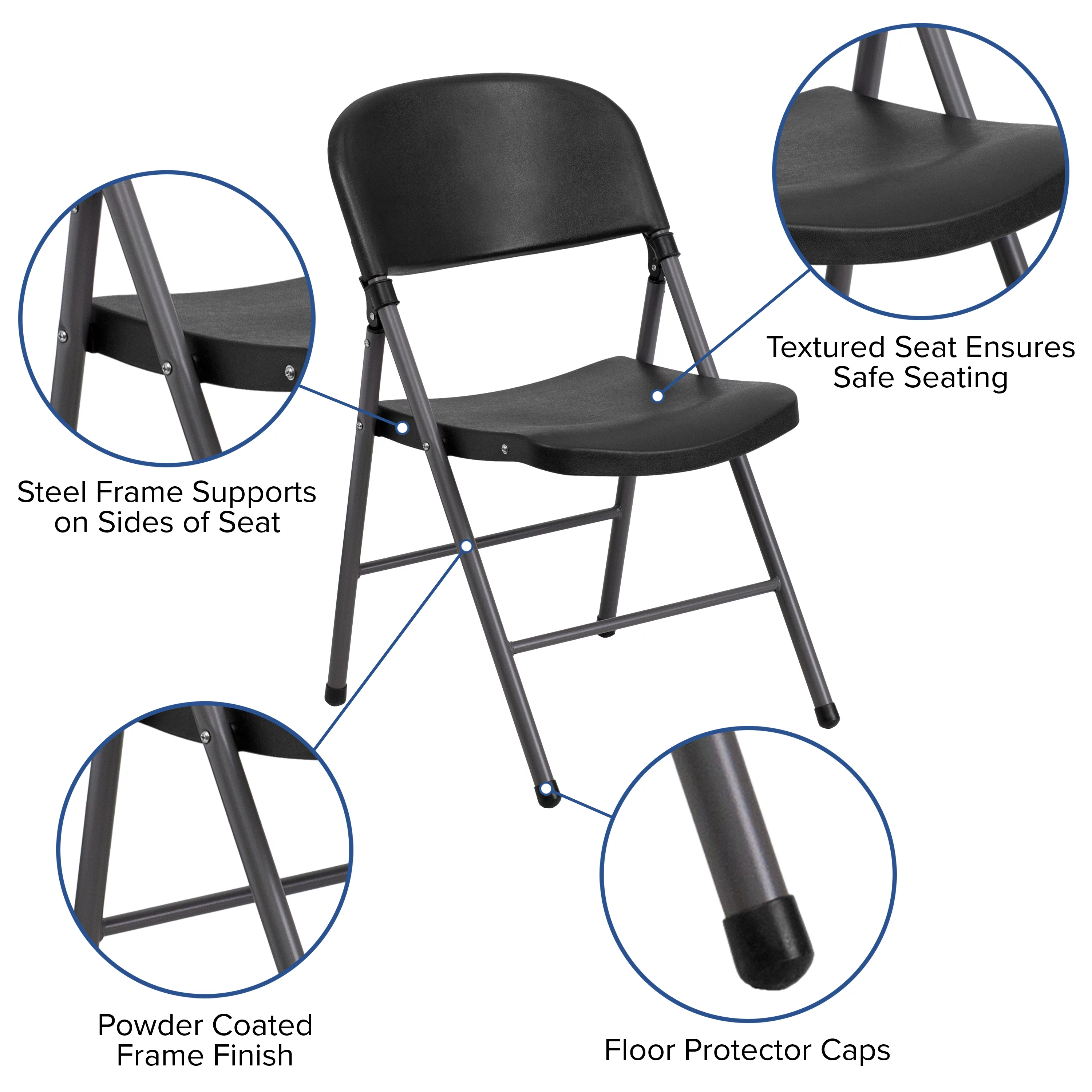 Emma + Oliver 2 Pack 330 lb. Capacity Black Plastic Folding Chair with Charcoal Frame