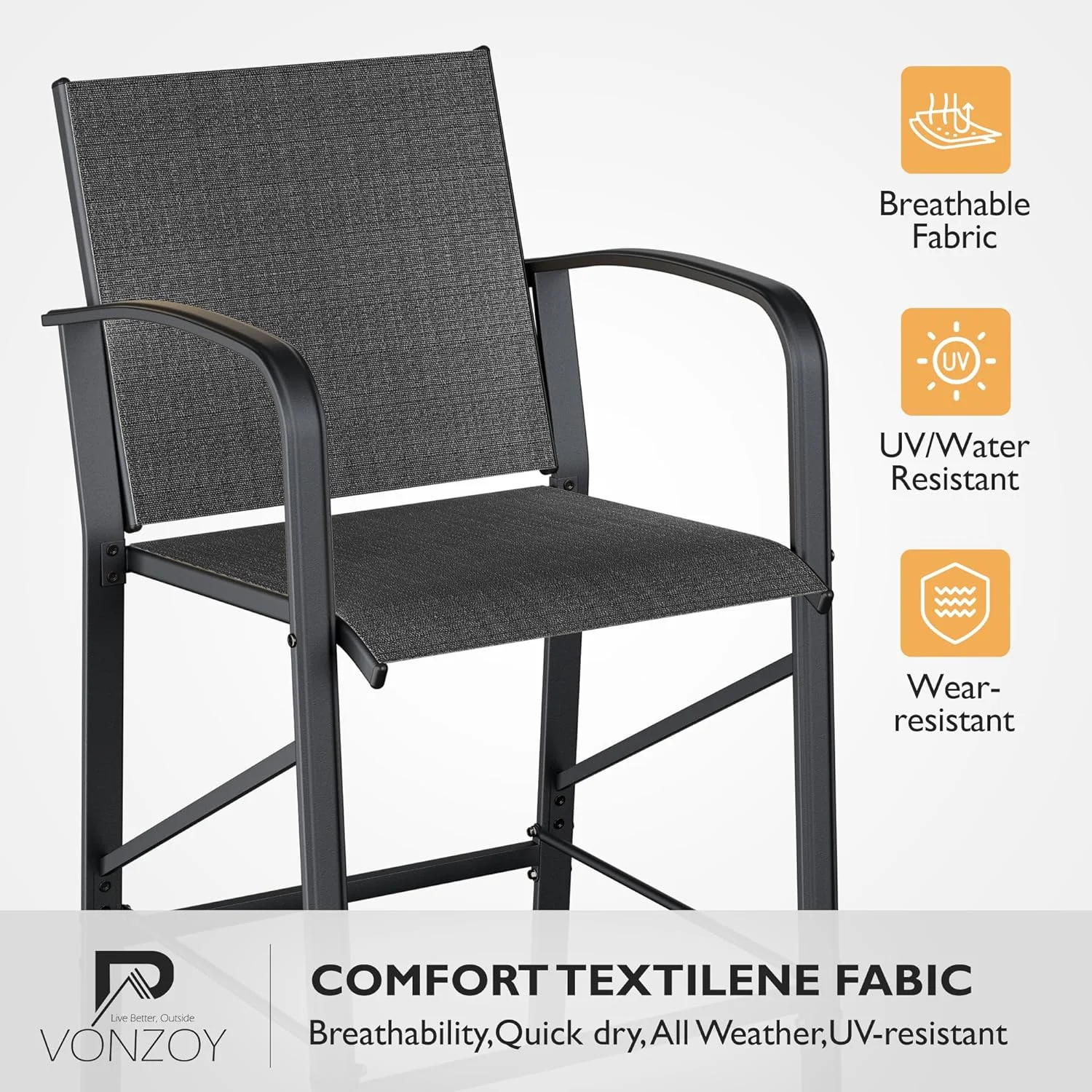 UDPATIO Patio Bar Chairs Set of 2, Outdoor Bar Height Stools, Metal Frame Textilene Tall Barstool with Backs Armrest, High Top Seating for Porch, Deck, Garden, Backyard, Pool, Grey