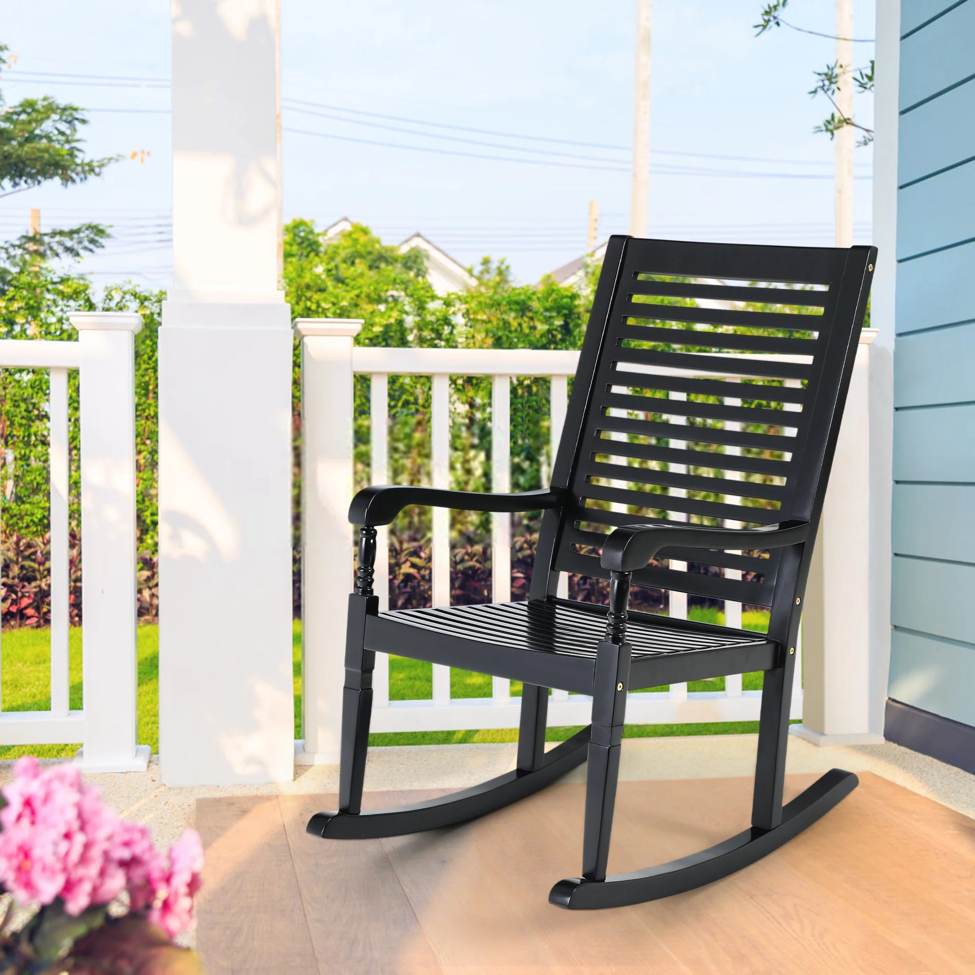 Sophia & William Outdoor Acacia Wood Nantucket Porch Rocking Chair - Set of 2 - Black