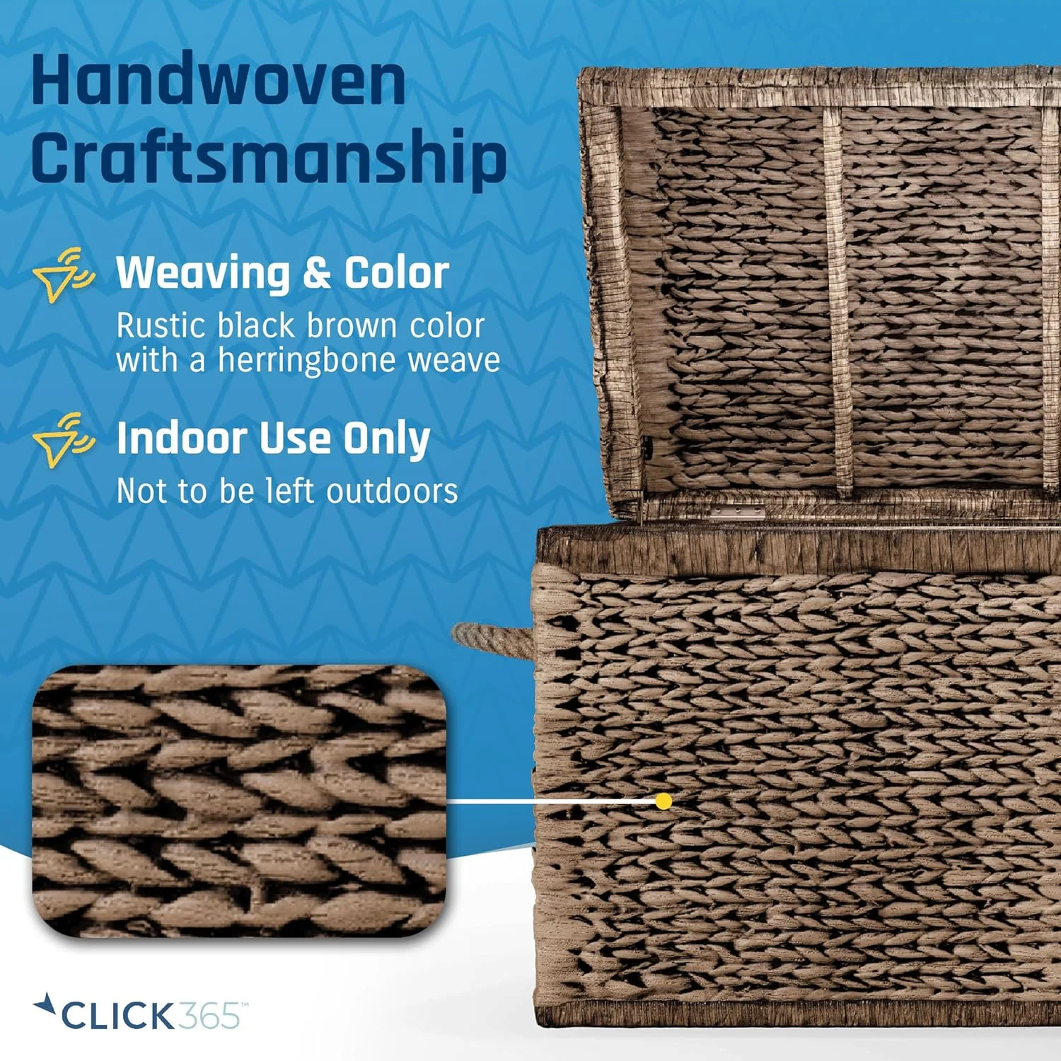 Click365 Storage Trunk, Farmhouse Style, Extra Large (33”), Deep, Woven Wicker Chest With Metal Frame, 2 Handles, Flip Top Lid and Stay Open Safety Hinges, Sustainable Eco Material, Rustic Brown