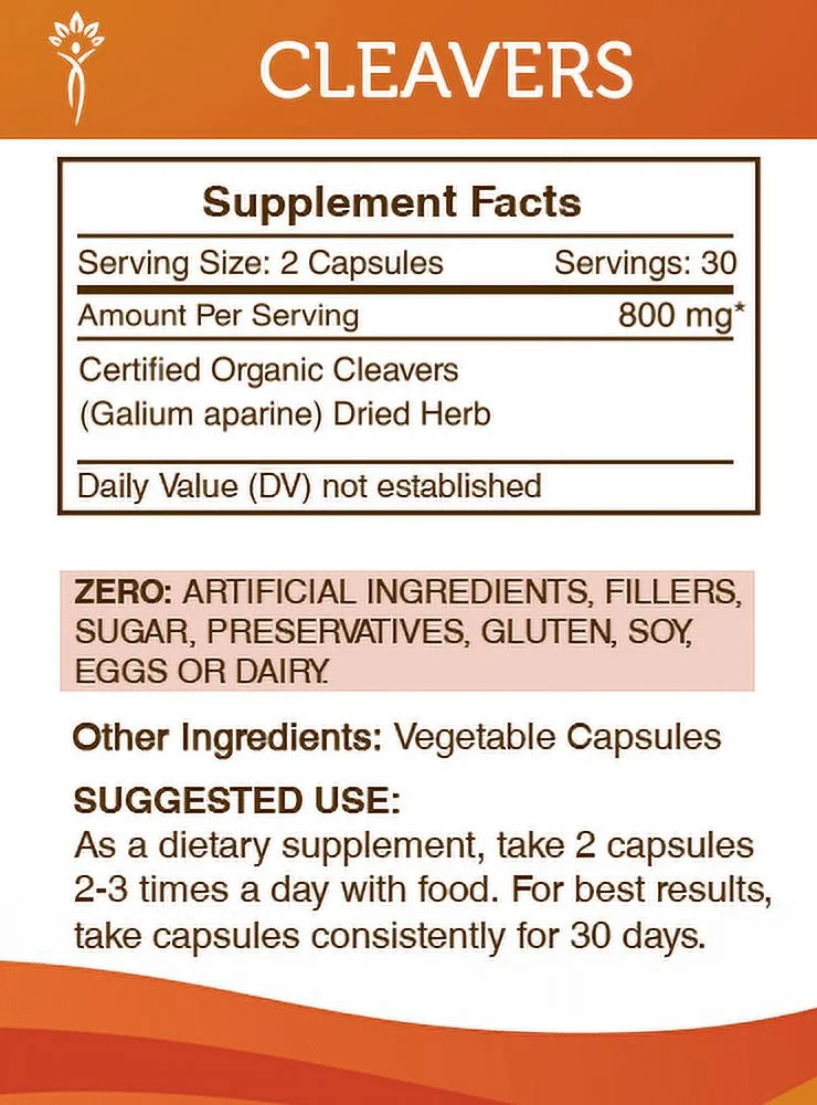 Secrets of the Tribe Cleavers 60 Capsules, 400 mg, Organic Cleavers (Galium aparine) Dried herb