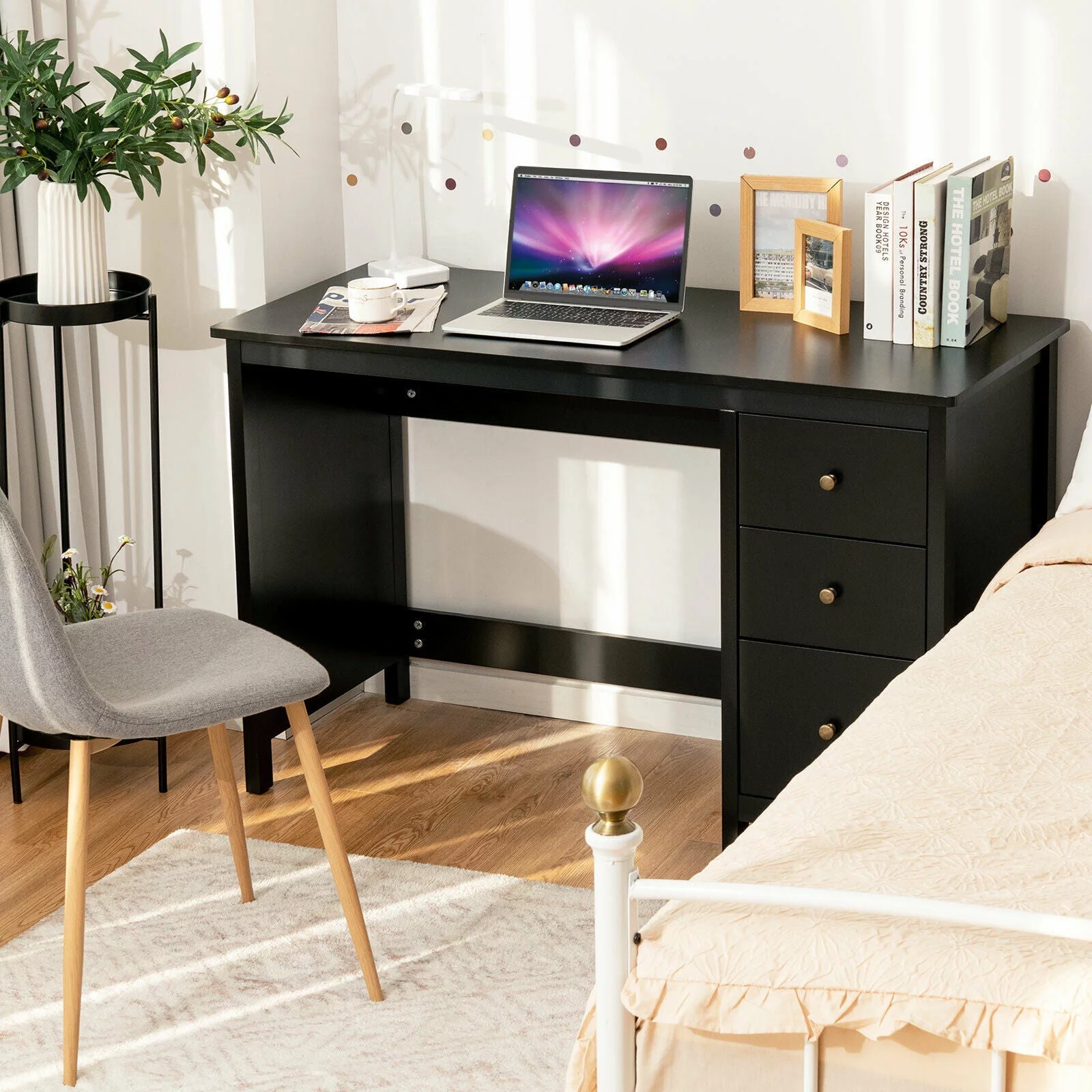 Black Computer Desk Study Writing Home Office Workstation with 3 Drawers