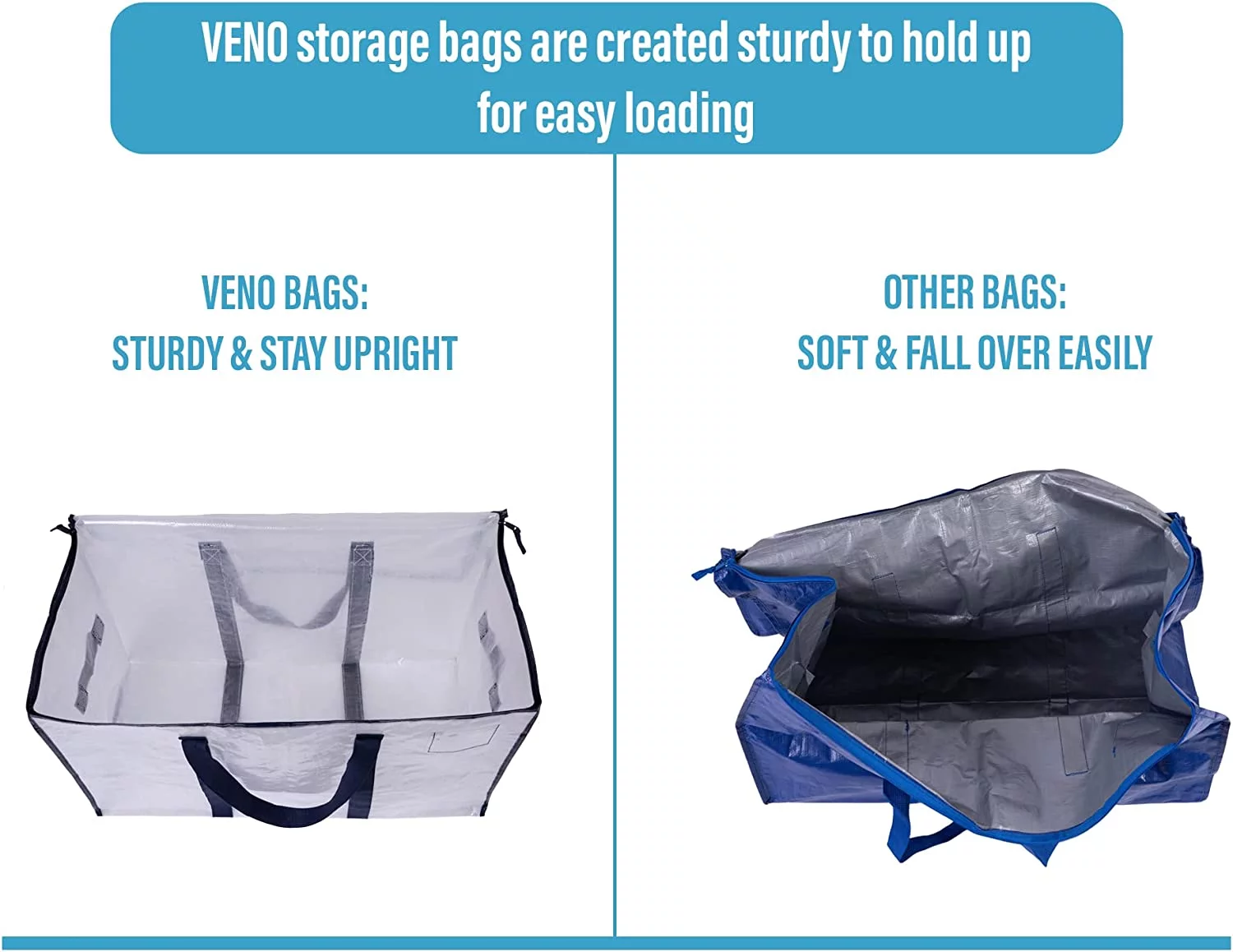 VENO 8 Pack XL Heavy Duty Foldable College Packing Moving Storage Zipper Bag W/ Reinforced Structure Alternative to Moving Box (Clear)