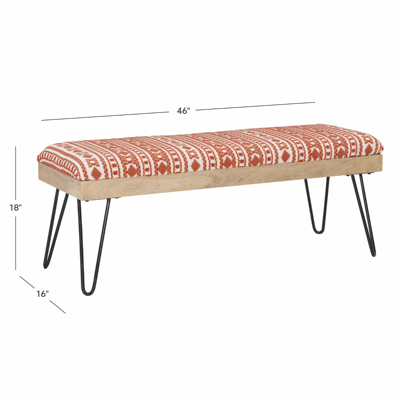 Powell Brooke Bench - Black Hairpin Legs with Terra Cotta and Natural Stripe Fabric