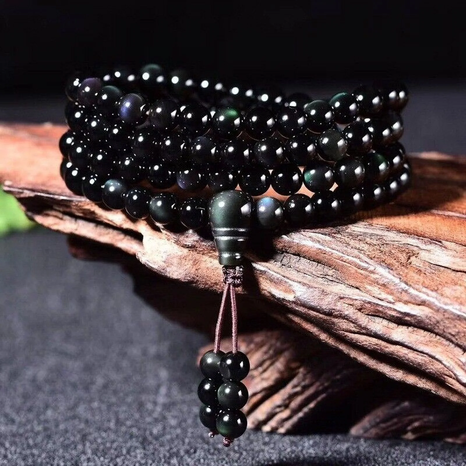 Rainbow Eye Obsidian 108 Mala Beads Prayer Necklace Multilayers Healing Bracelet