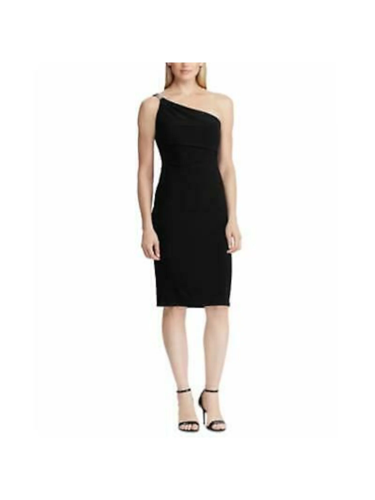 RALPH LAUREN Womens Black Embellished Sleeveless Asymmetrical Neckline Below The Knee Cocktail Body Con Dress 8