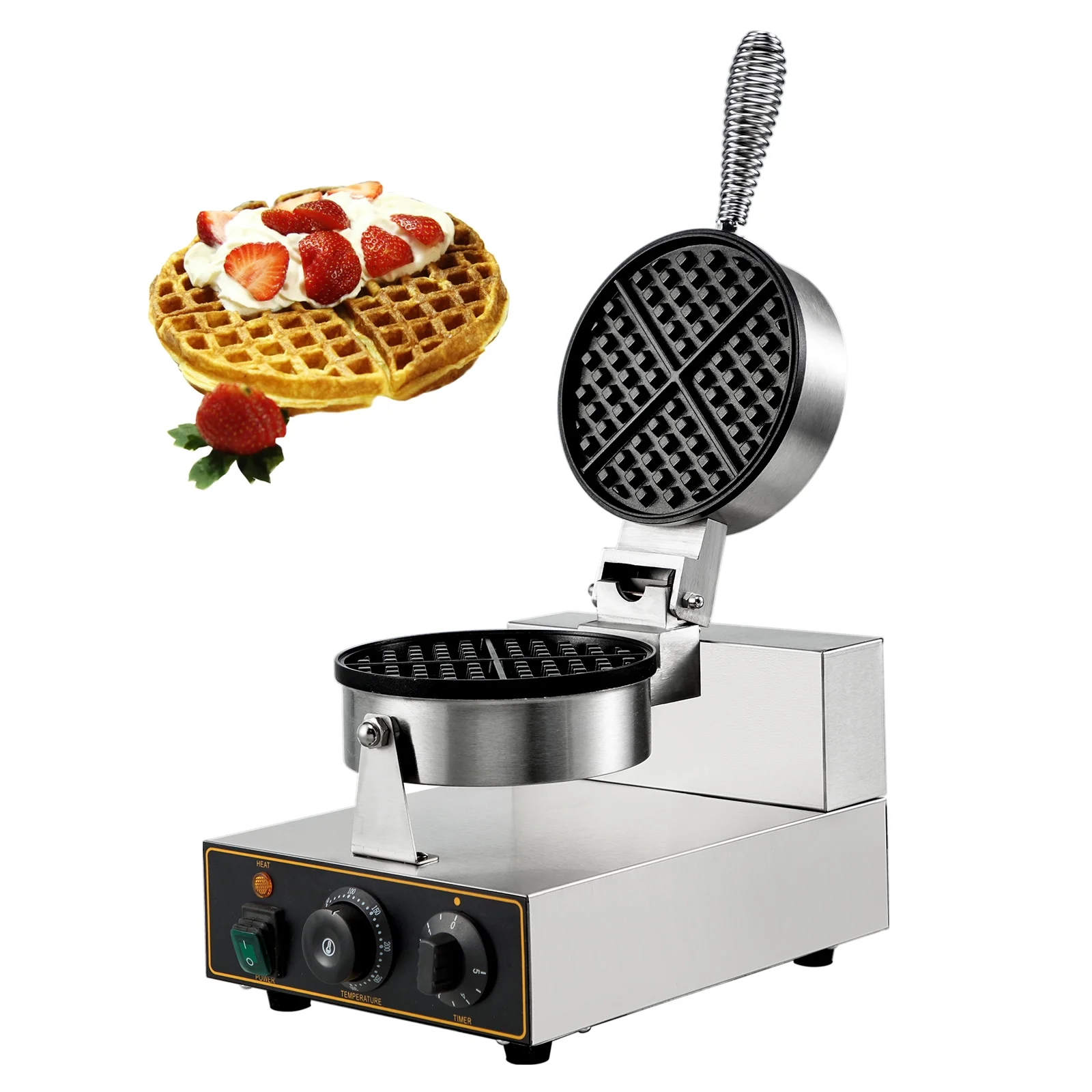 SKYSHALO 1100W Stainless Steel 110V Temperature and Time Control, Suitable for Restaurant Bakeries Snack Bar Family, Sliver Commercial Round Waffle Maker Nonstick