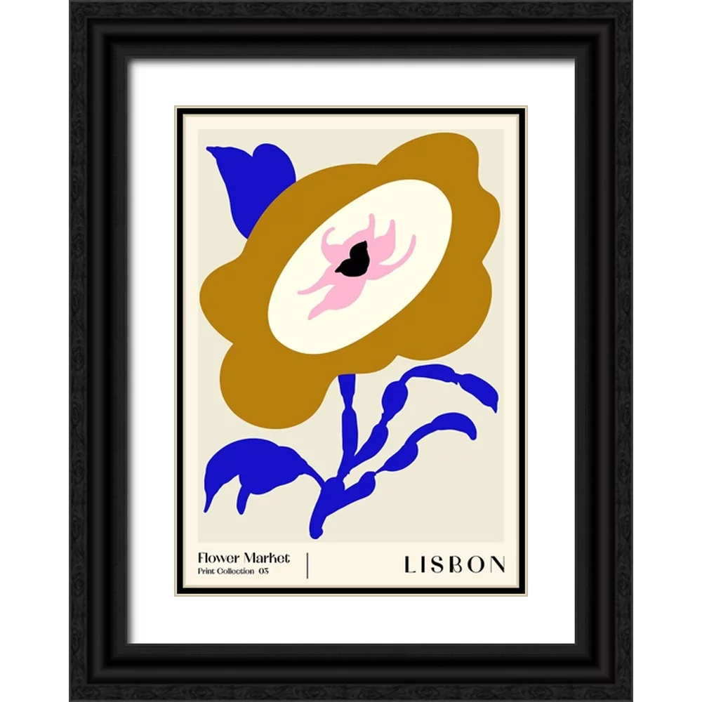 NKTN 14x18 Black Ornate Wood Framed with Double Matting Museum Art Print Titled - Flower Market. Lisbon