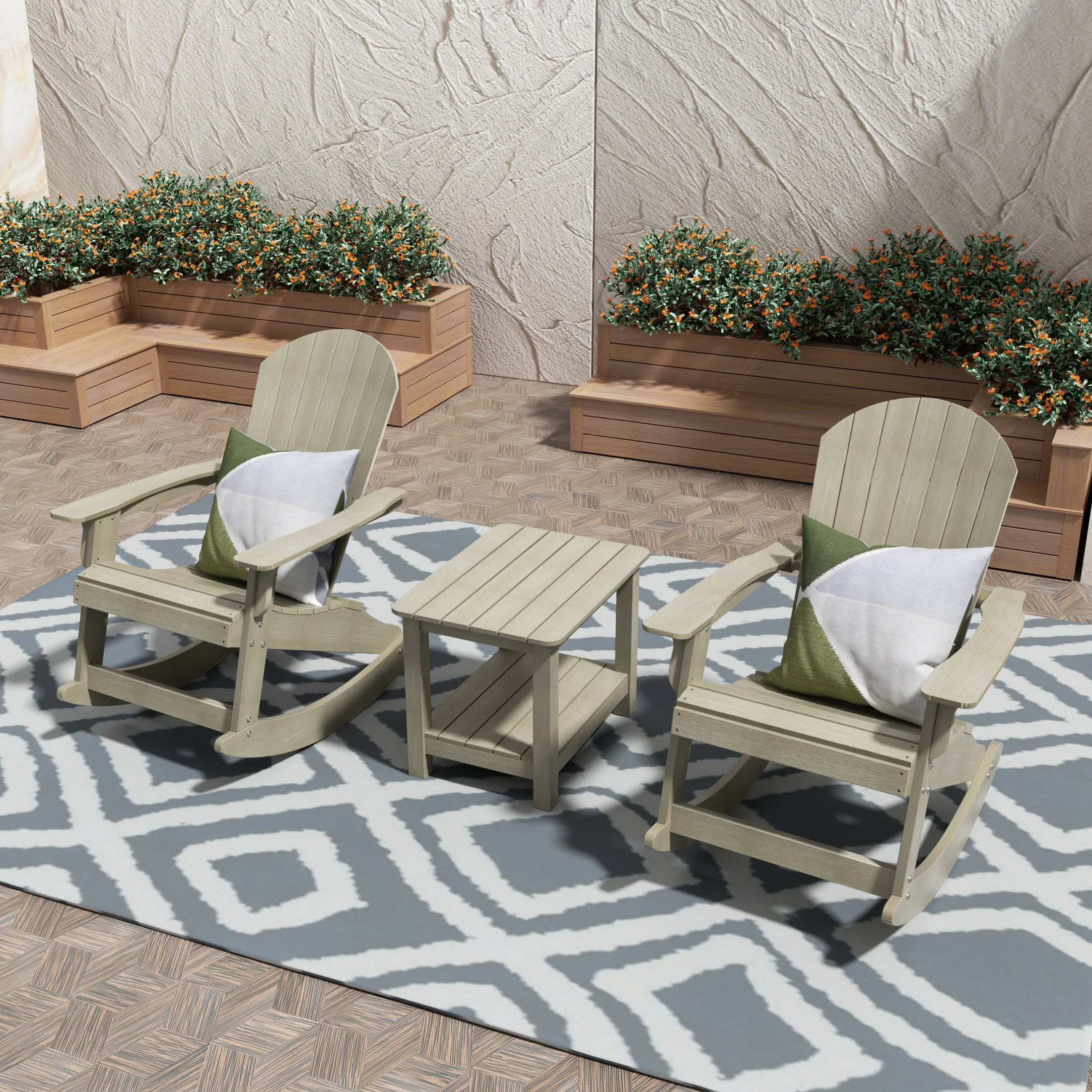 WestinTrends Tuscany 3-Piece HIPS Outdoor Rocking Adirondack Chair With Side Table, Weathered Gray