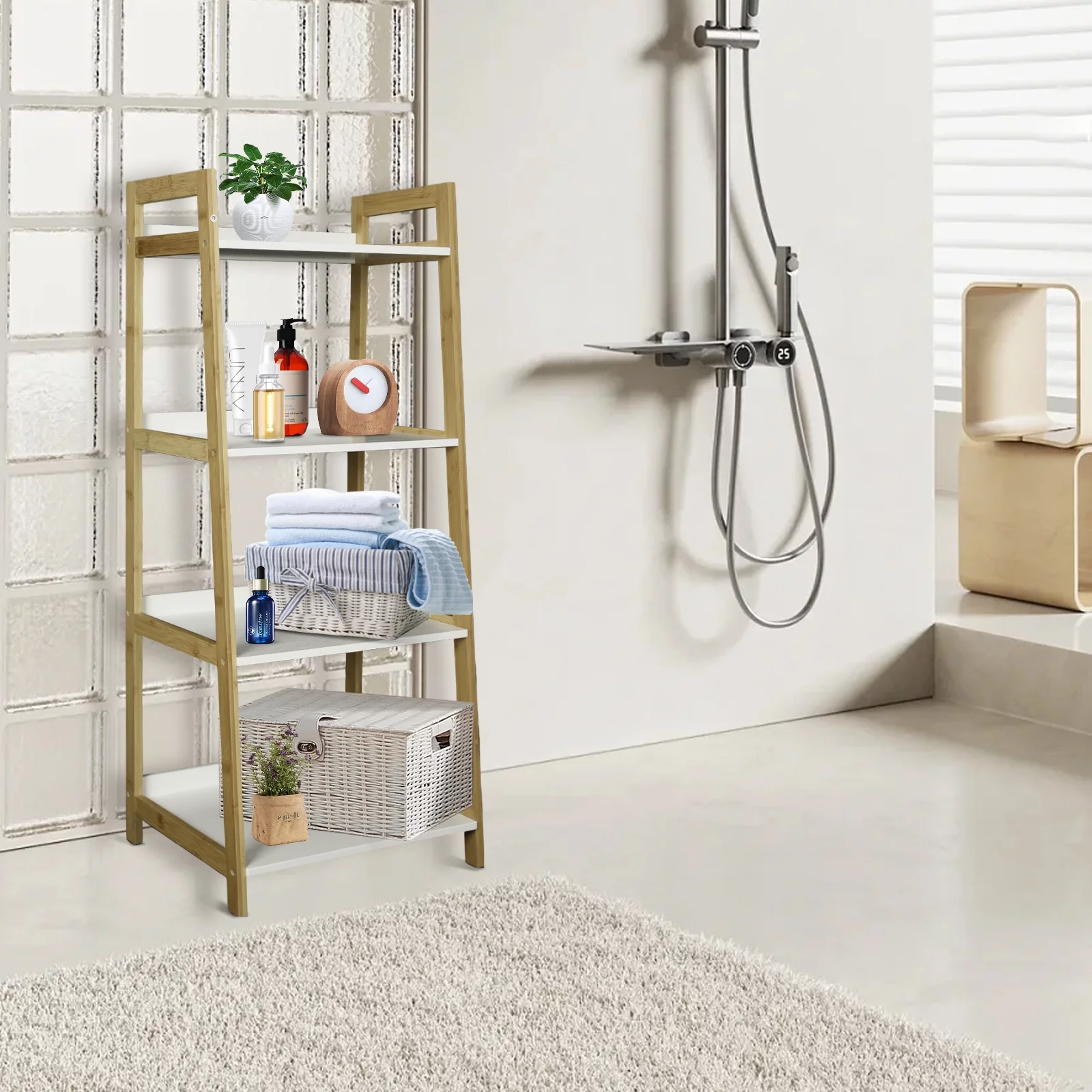 Fionafurn 4-Tier Ladder Shelves Display Plant Stand, Utility Free Standing Industrial Style Bookcase