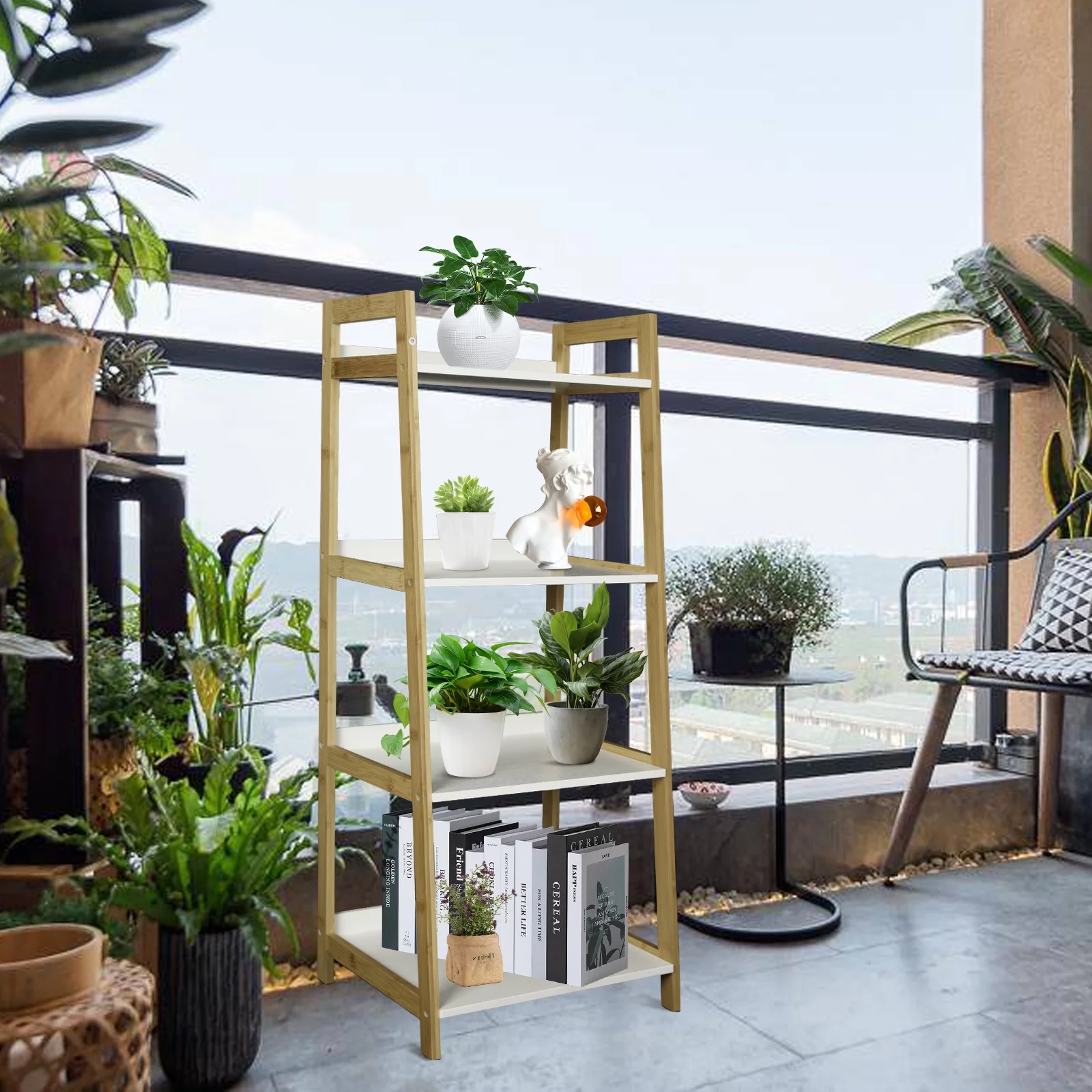 Fionafurn 4-Tier Ladder Shelves Display Plant Stand, Utility Free Standing Industrial Style Bookcase