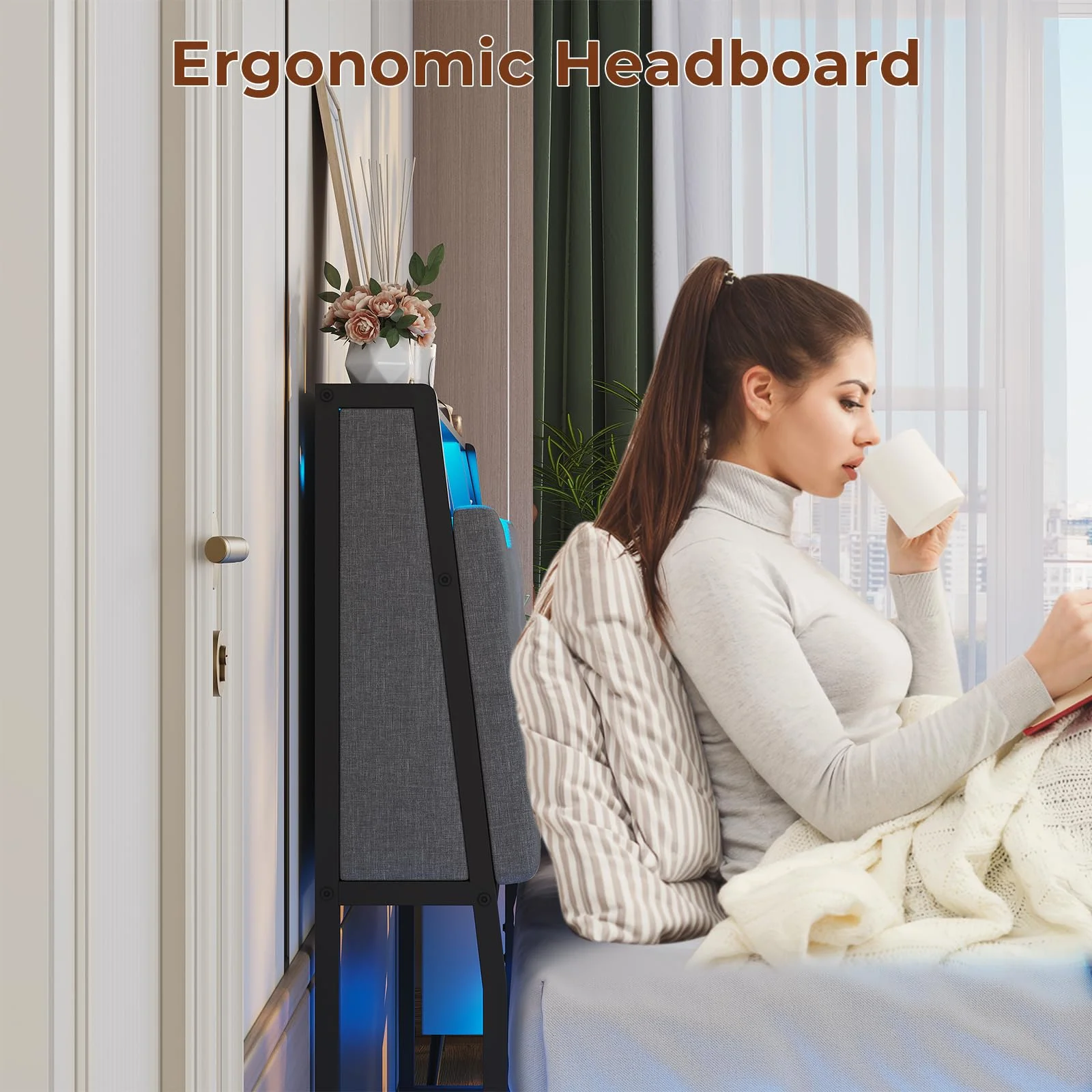 Afuhokles Full Bed Frame with Charging Station, Headboard Storage and 2 Drawers LED Lights, Dark Gray