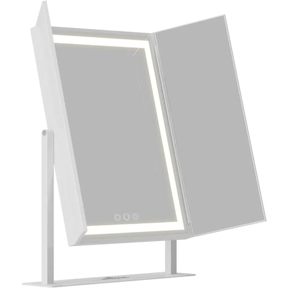 Impressions Vanity Lavish Trifold LED Tri Tone Makeup Mirror, 360 Degree Tilt Desk Mirror (White)