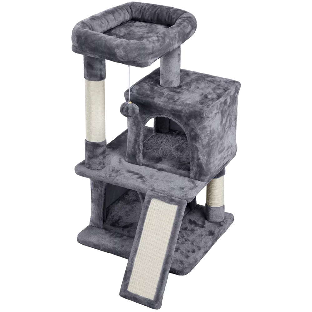 Easyfashion Multilevel Plush Cat Tree with Double Condos and Furry Ball,Dark Gray