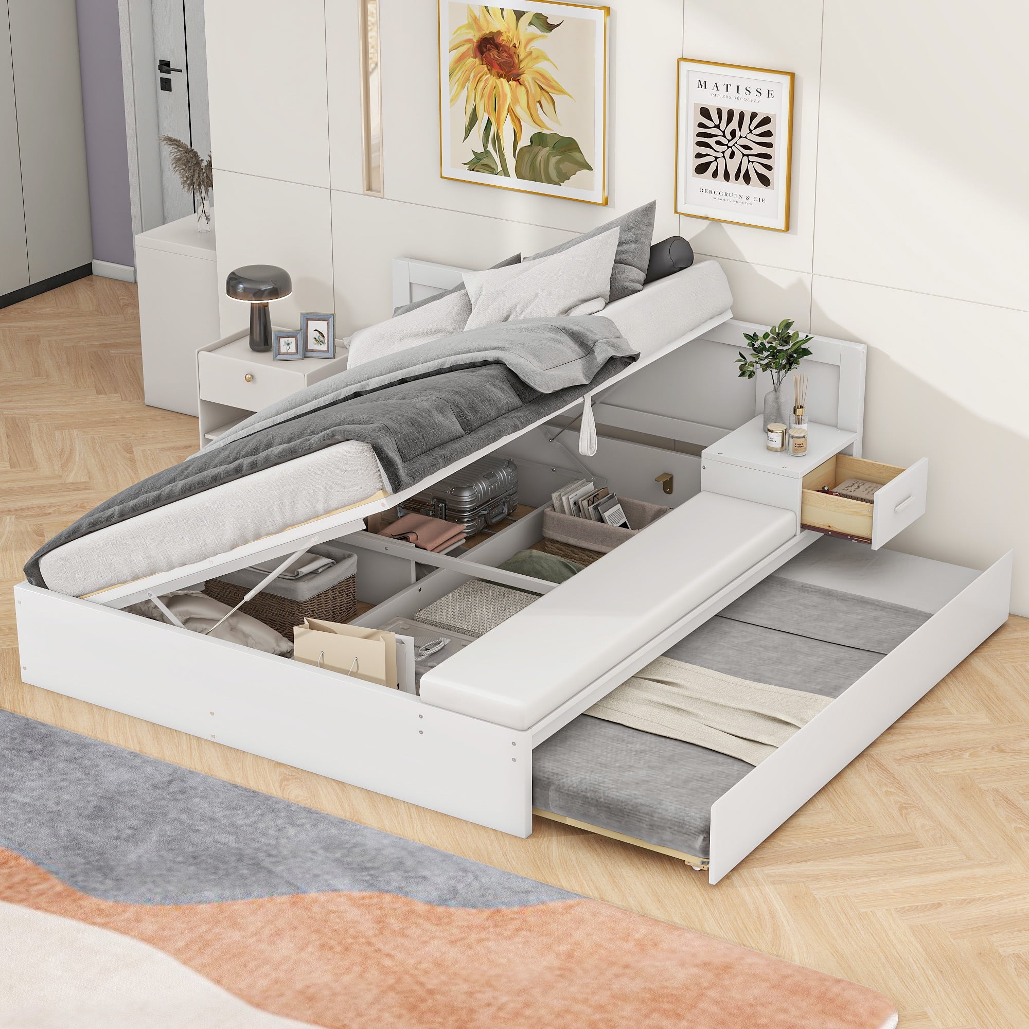Churanty Full Size Hydraulic Platform Bed with Trundle, Wood Full Bedframe with Side Table and Lounge, White