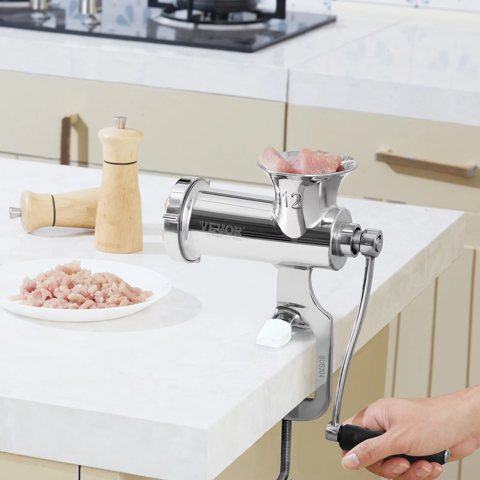 BENTISM Manual Meat Grinder 304 Stainless Steel Hand Grinder & Steel Table Clamp