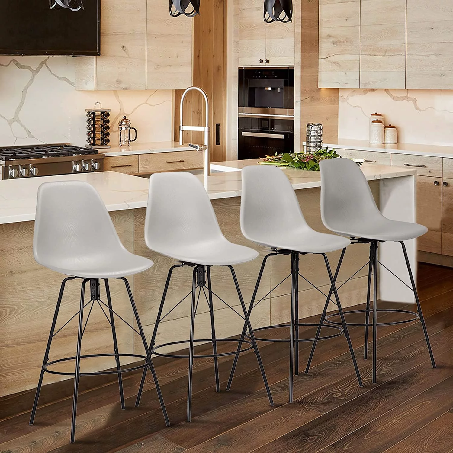 U-ToBe  30inch Mid Century Swivel Barstools Set of 4 with Back, Modern Counter Bar Height Stools Armless Bar Chairs Side Chair-White