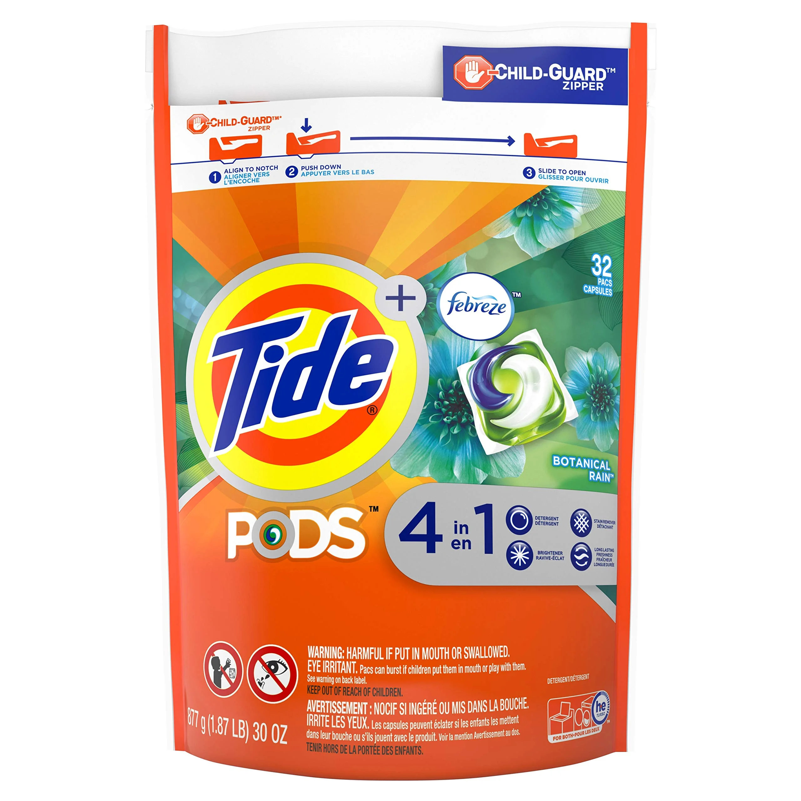 Tide Pods With Febreze, Liquid Laundry Detergent Pacs, Botanical Rain, 32Count