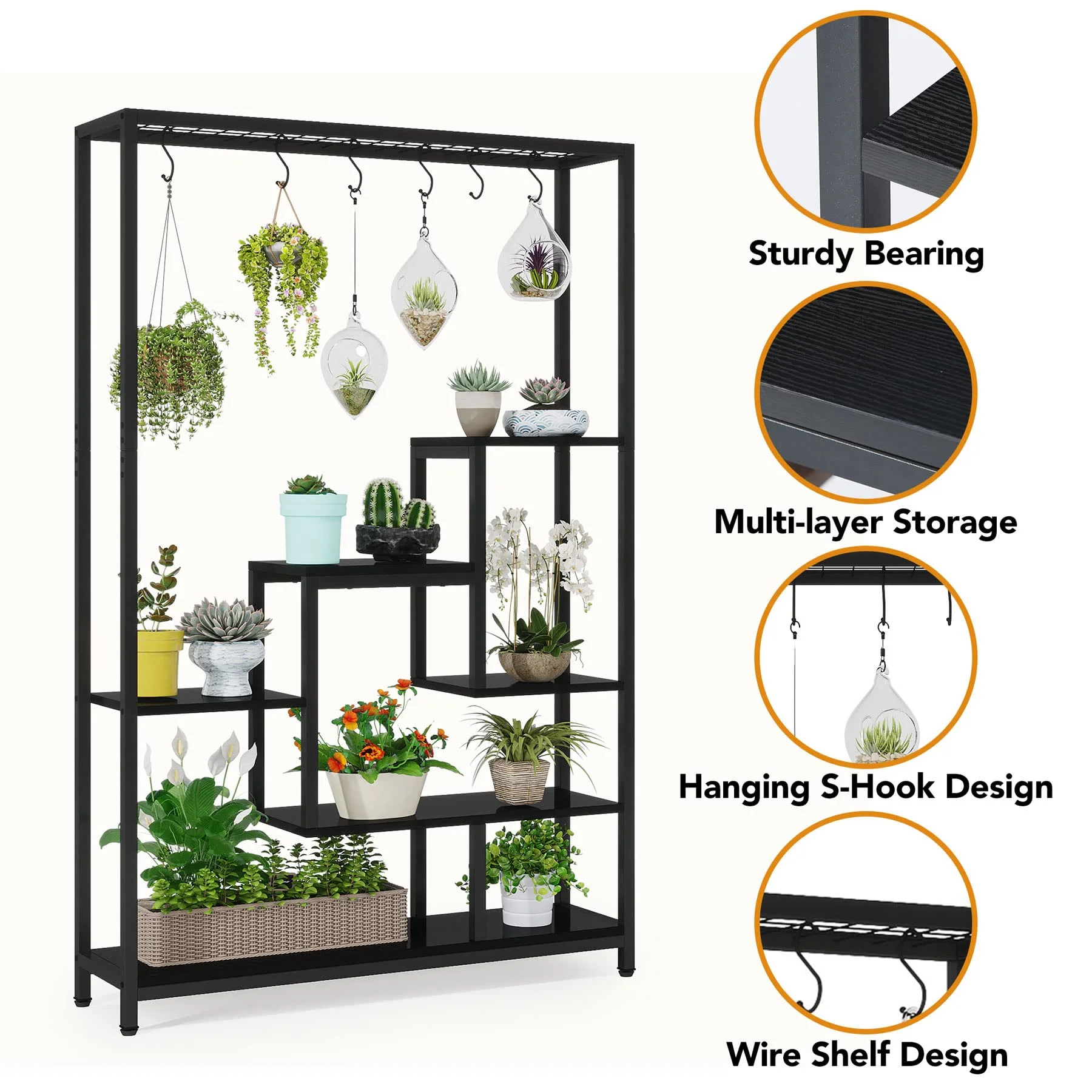 5-Tier Tall Indoor Plant Stand, 70.9 inches Large Metal Plant Shelf with 6PC S Hanging Hooks, Multi-Purpose Flower Bonsai Pots Display Rack for Indoor, Garden, Balcony, Living Room, Black