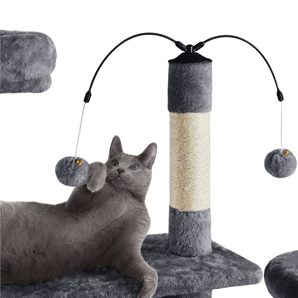 Easyfashion Multilevel Plush Cat Tree with Dangling Balls for Cats and Kittens, Dark Gray