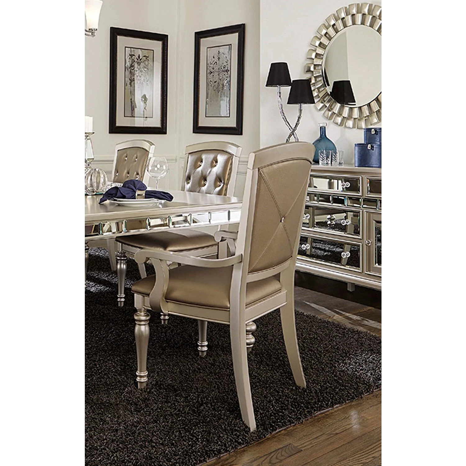 Benzara Wood & leather Dining Side Arm Chair With Crystal Tufting, Silver, Set Of 2