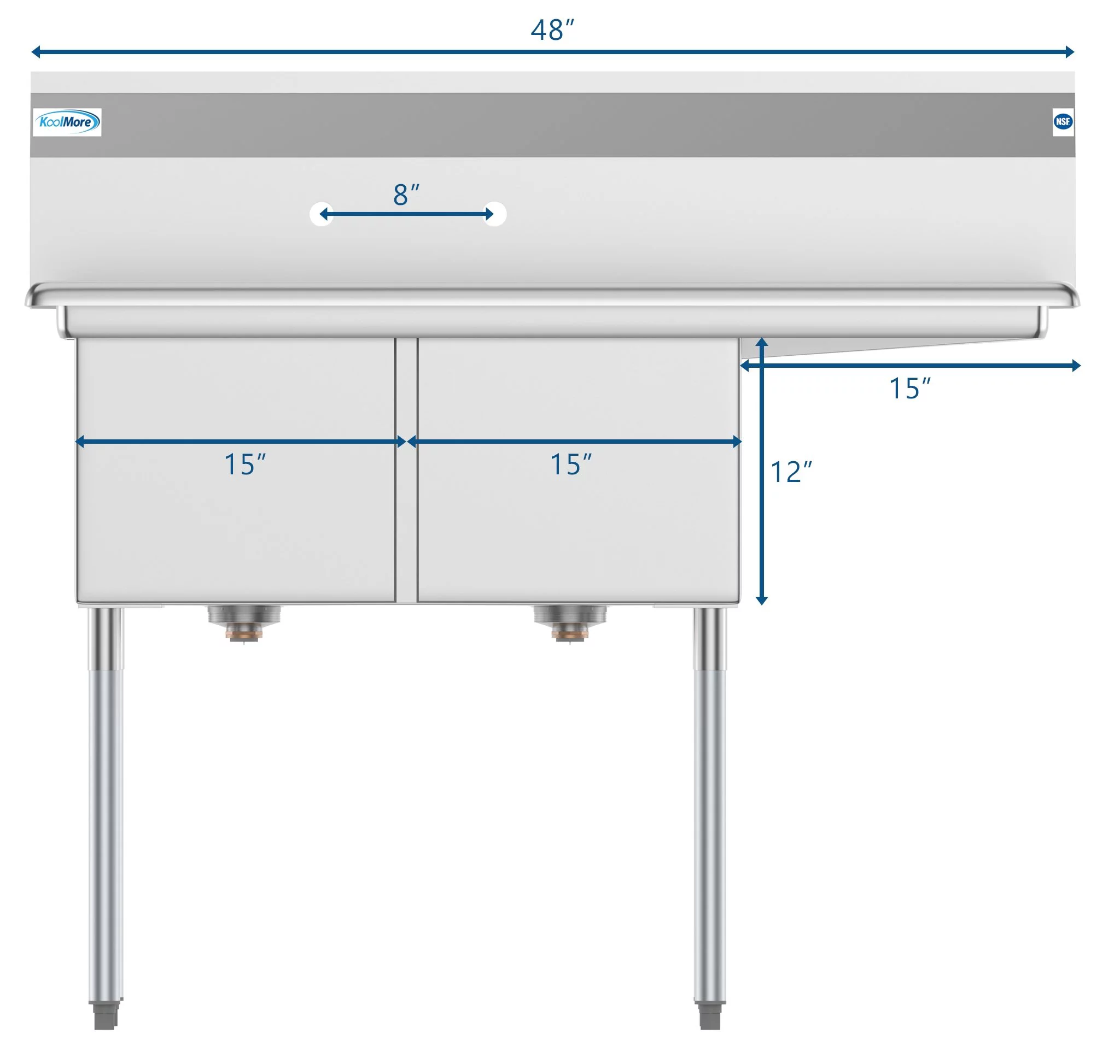 KoolMore 48 in. Two Compartment Stainless Steel Commercial Sink with Drainboard, Bowl Size 15