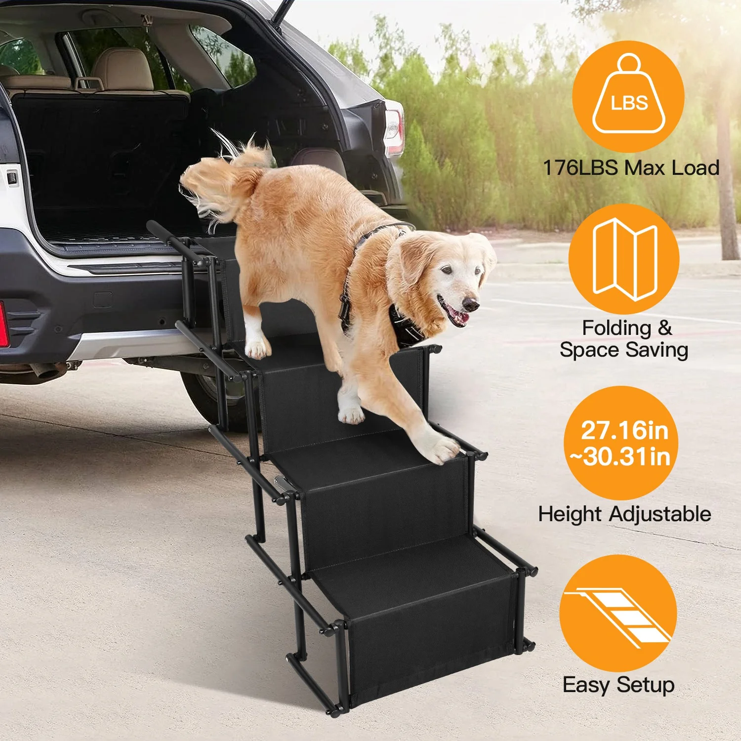 iMounTEK Portable Dog Stairs for Car, Foldable 4 Step Pet Stairs with Non-Slip Surface, Dog Ramp for SUV, Truck, Pet Ladder Supports Up to 176lbs
