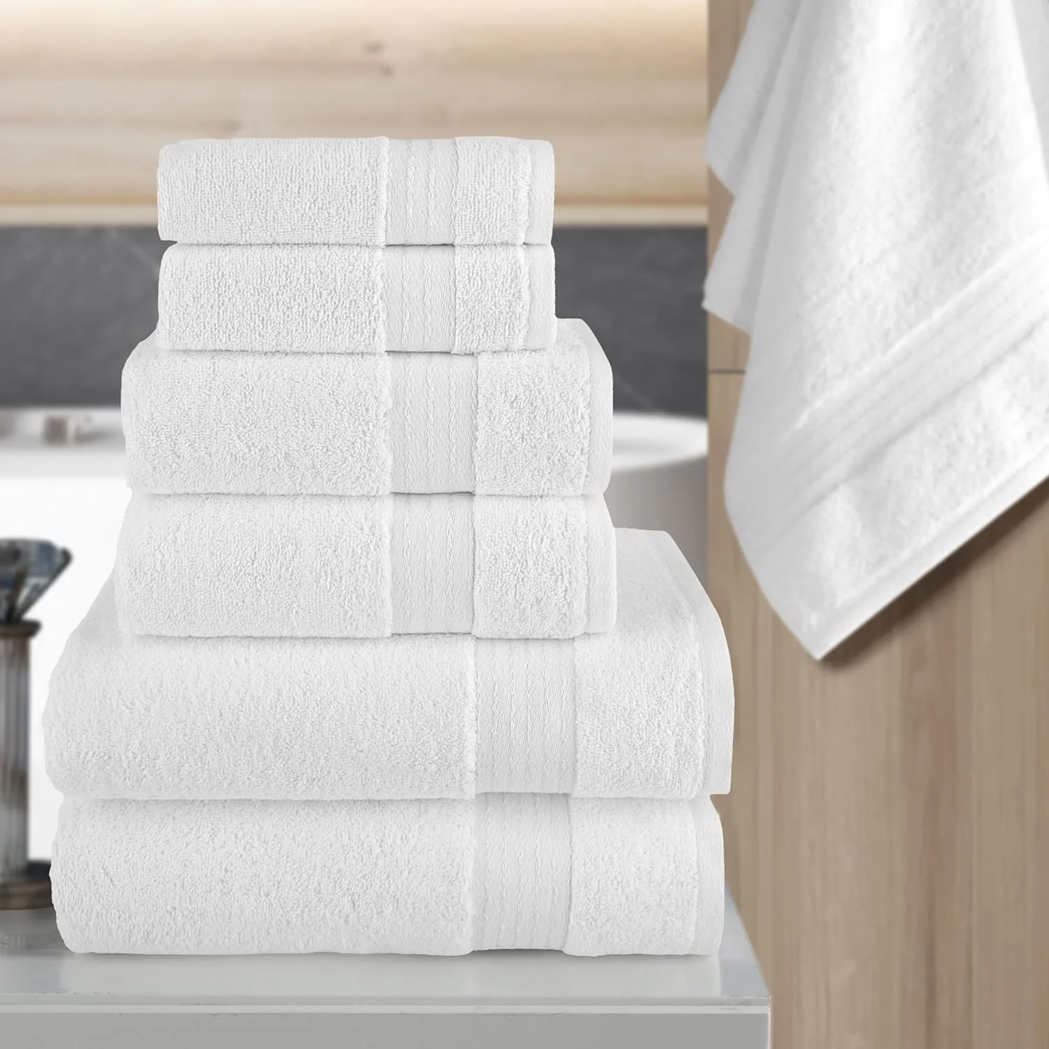 Holiday Gift Cotton 6-Piece Towel Set, Includes 2 Washcloths, 2 Hand Towels and 2 Bath Towels, 100% Turkish Cotton - Highly Absorbent and Super Soft Towels for Bathroom, White
