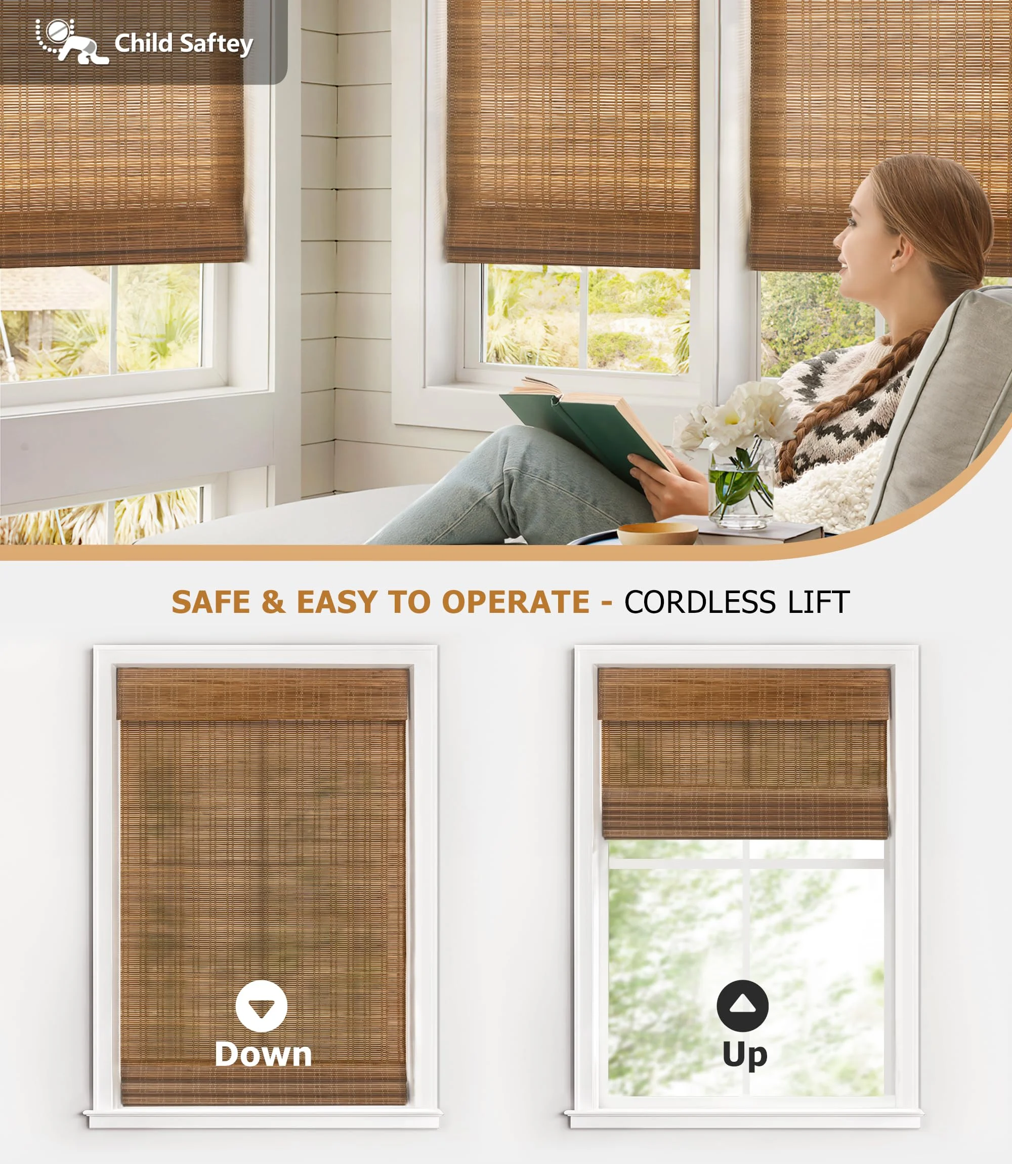 LazBlinds Cordless Bamboo Roman Shades, Light Filtering Window Treatment, Roll Up Bamboo Blinds for Window 36'' W x 60'' H, Ceylon Light Russet