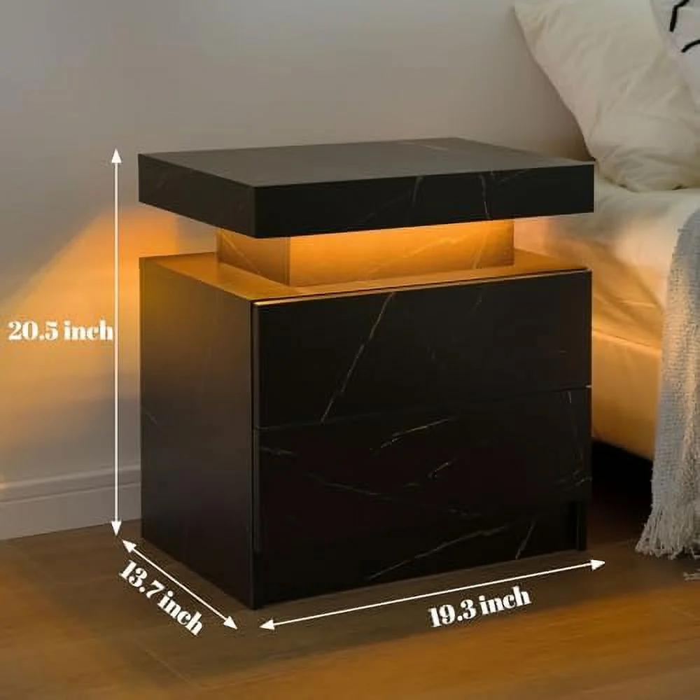 GEROBOOM LED Night Stand Bedside Tables with 2 Drawers Modern LED End Side Tables Bedroom Nightstands